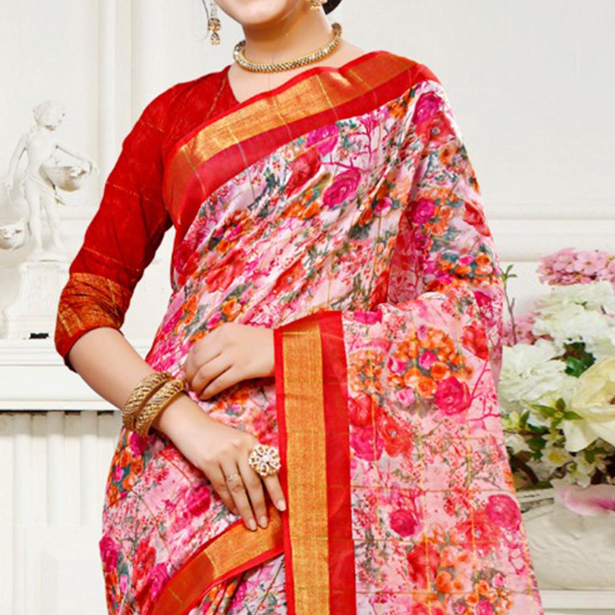 Mesmerising Pink Colored Casual Floral Printed Cotton Saree - Peachmode
