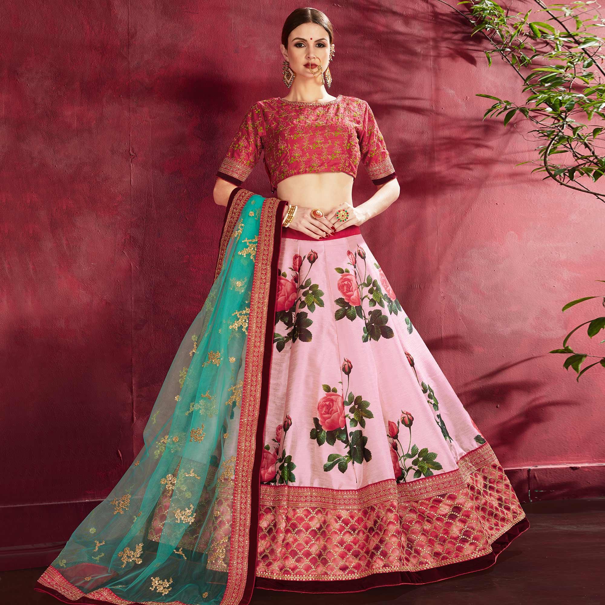 Mesmerising Pink Colored Designer Digital Print And Embroidered Banglori Silk Lehenga Choli - Peachmode