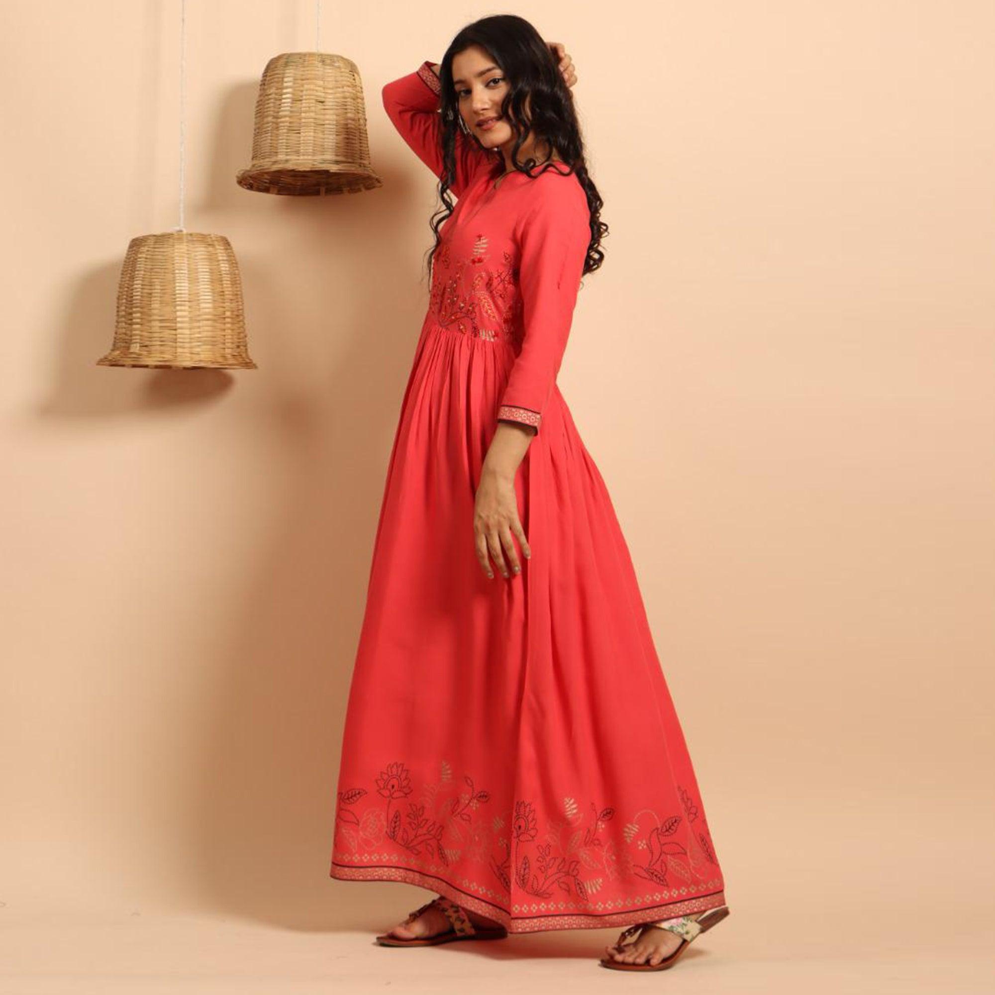 Mesmerising Pink Colored Partywear Embroidered Rayon Long Kurti - Peachmode