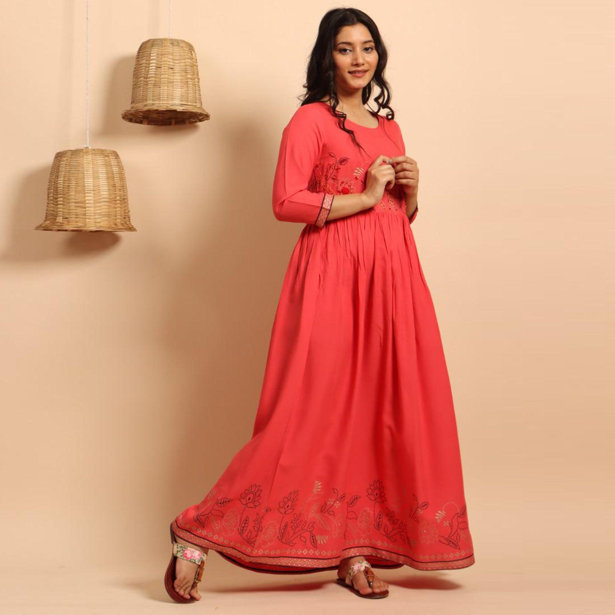 Mesmerising Pink Colored Partywear Embroidered Rayon Long Kurti - Peachmode
