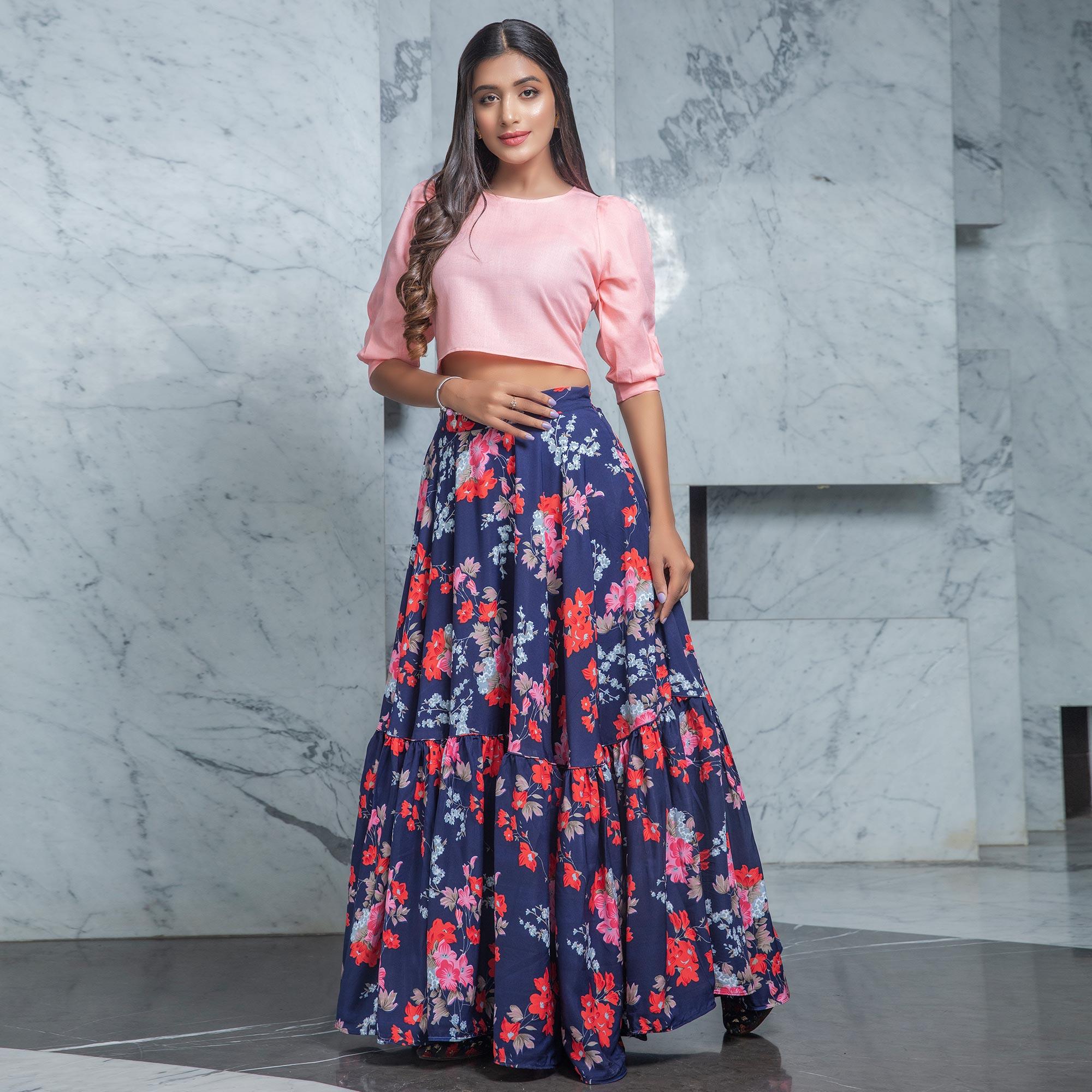 Mesmerising Pink - Navy Blue Colored Partywear Printed Cotton Top-Skirt Set - Peachmode