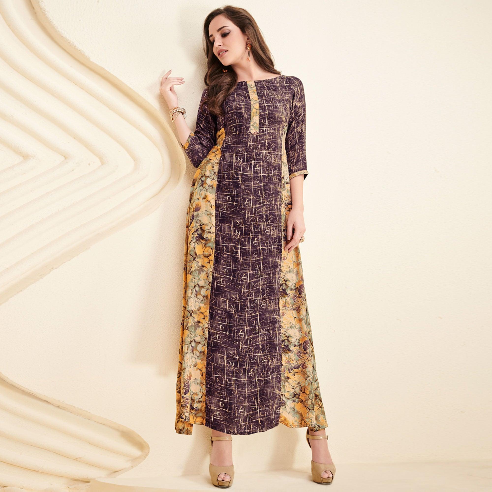 Mesmerising Purple-Yellow Colored Partywear Printed Rayon Long Kurti - Peachmode
