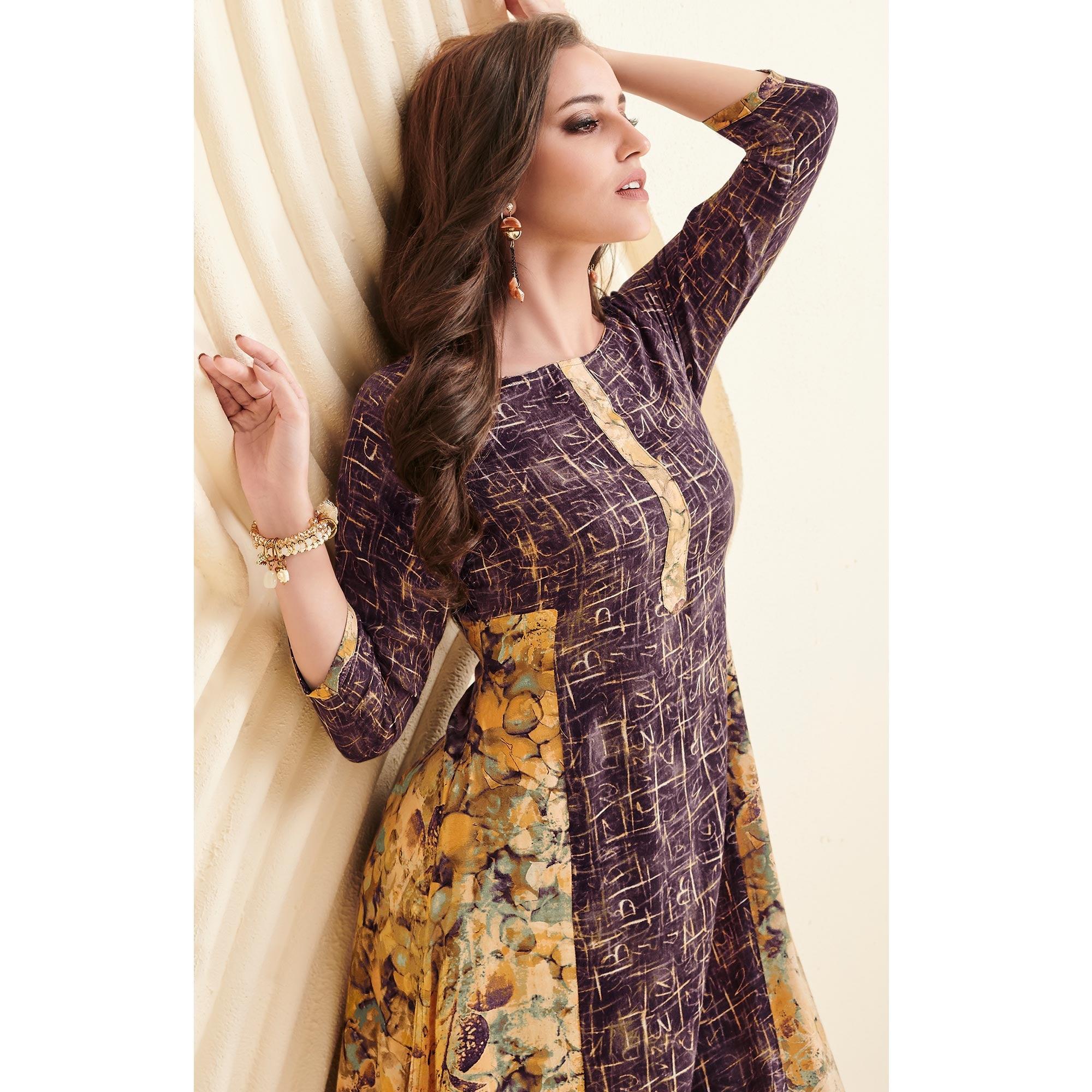 Mesmerising Purple-Yellow Colored Partywear Printed Rayon Long Kurti - Peachmode