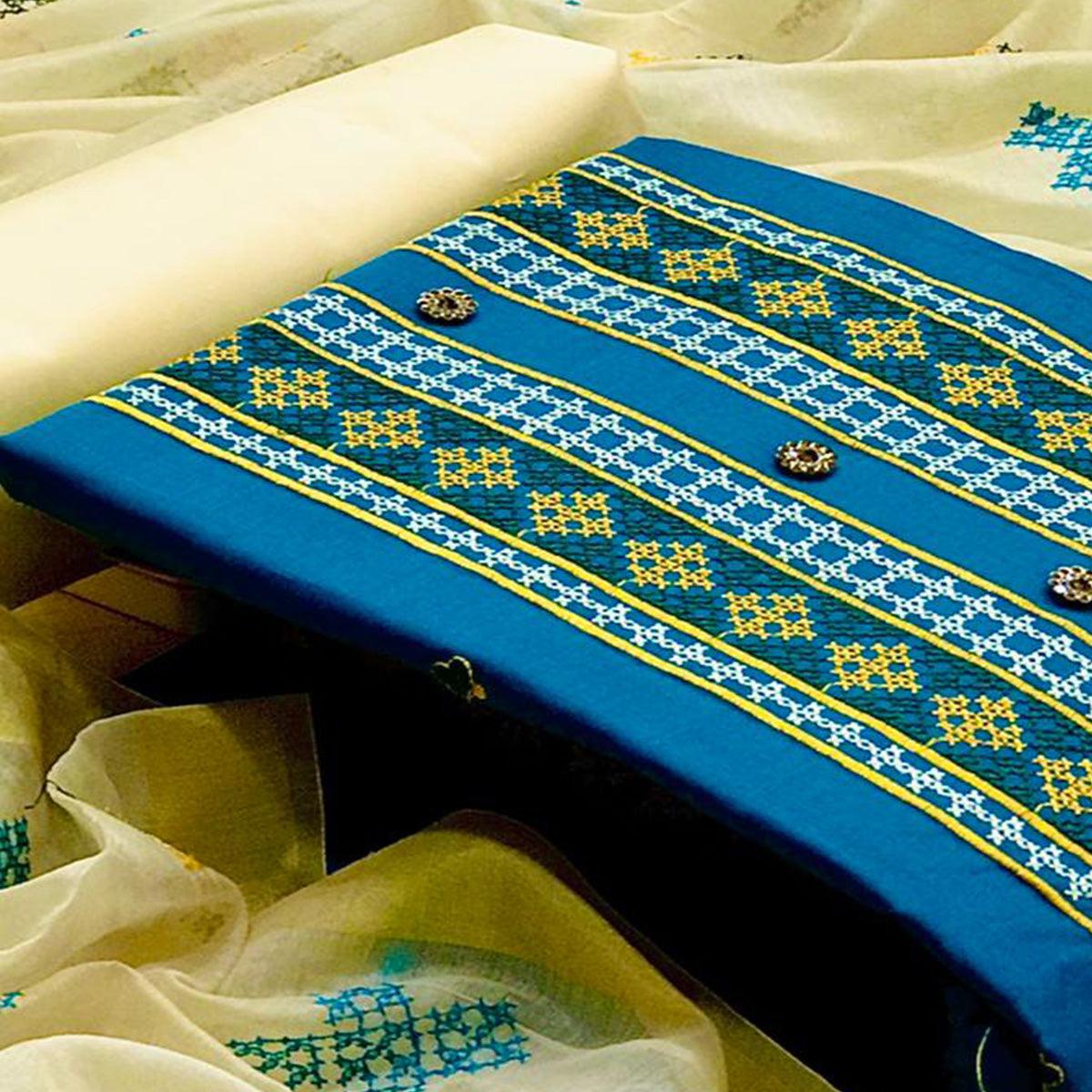 Mesmerising Rama Green Colored Casual Wear Embroidered Cotton Dress Material - Peachmode