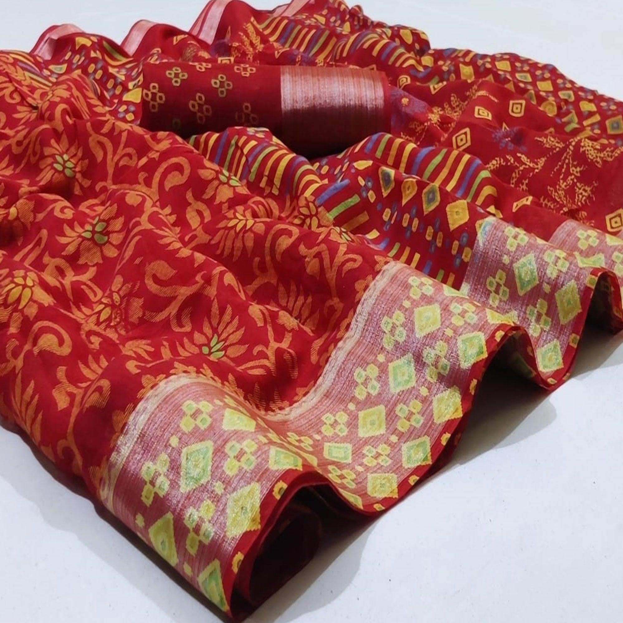 Mesmerising Red Colored Casual Wear Printed Heavy Linen Saree - Peachmode