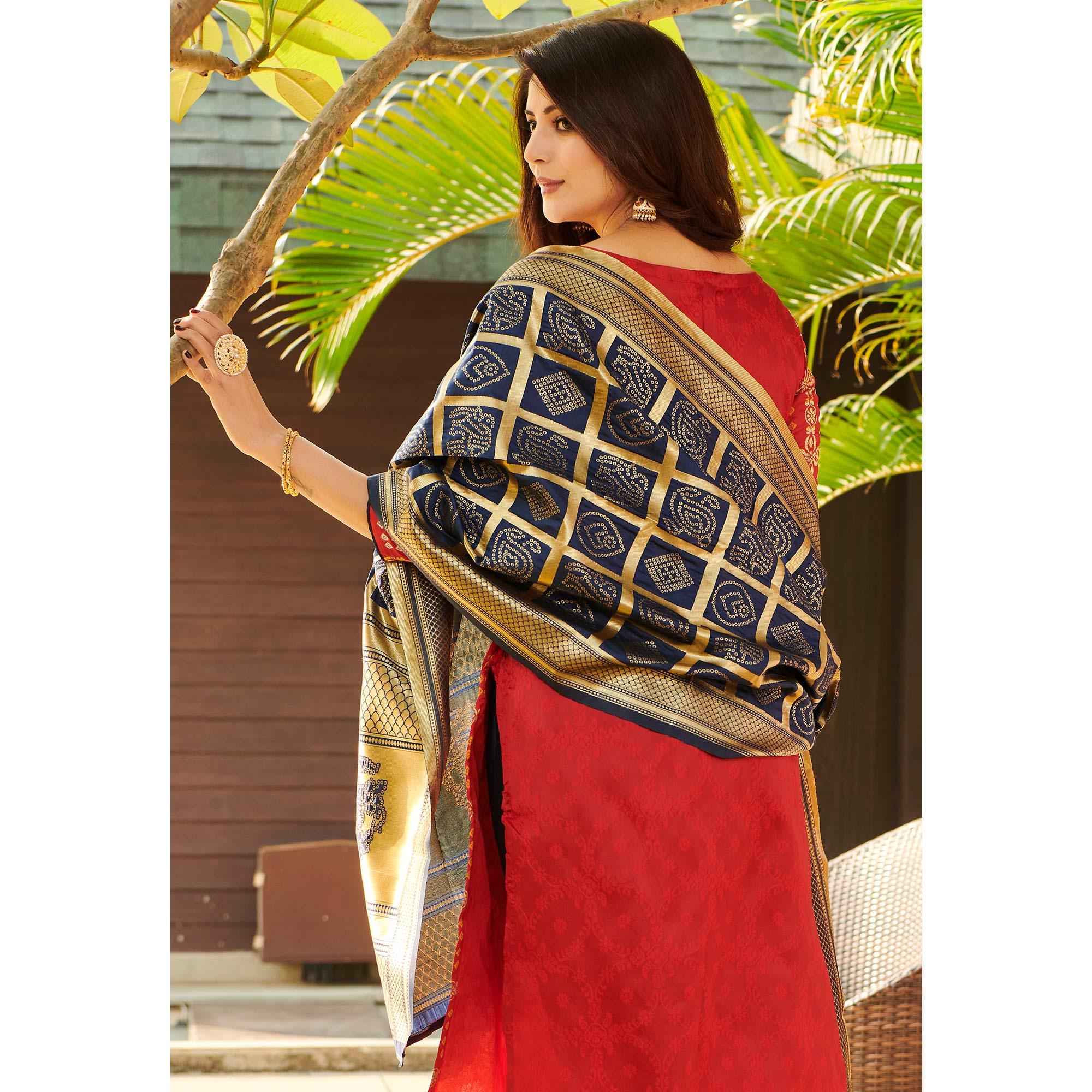Mesmerising Red Colored Casual Wear Woven Jacquard Silk Dress Material - Peachmode