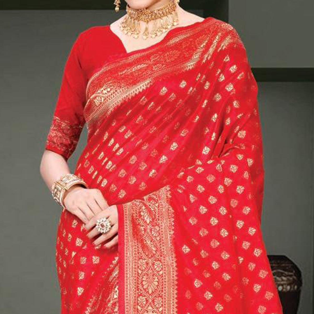 Mesmerising Red Colored Festive Wear Woven Art Silk Saree - Peachmode