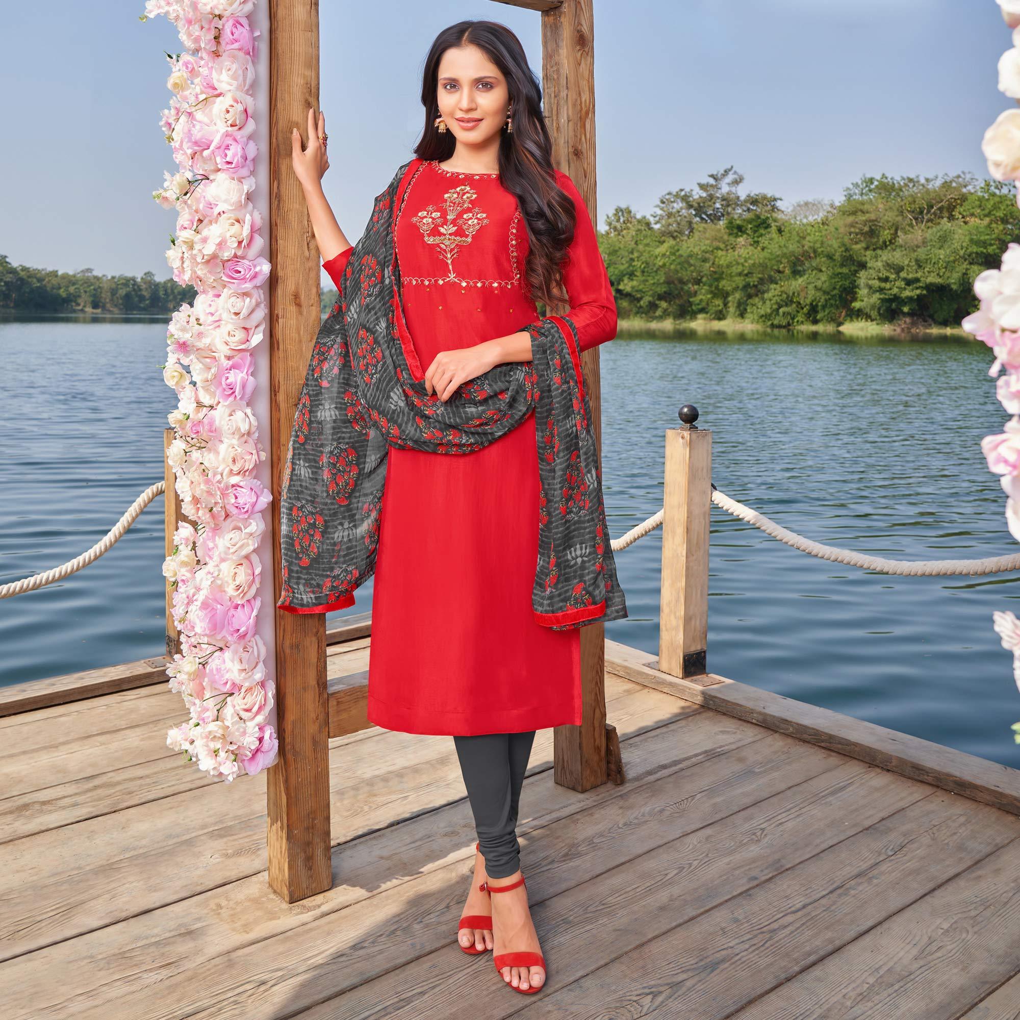 Mesmerising Red Colored Partywear Embroidered Modal Cotton Dress Material - Peachmode
