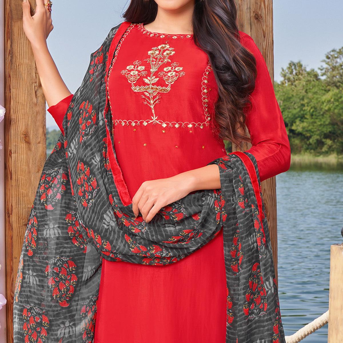 Mesmerising Red Colored Partywear Embroidered Modal Cotton Dress Material - Peachmode