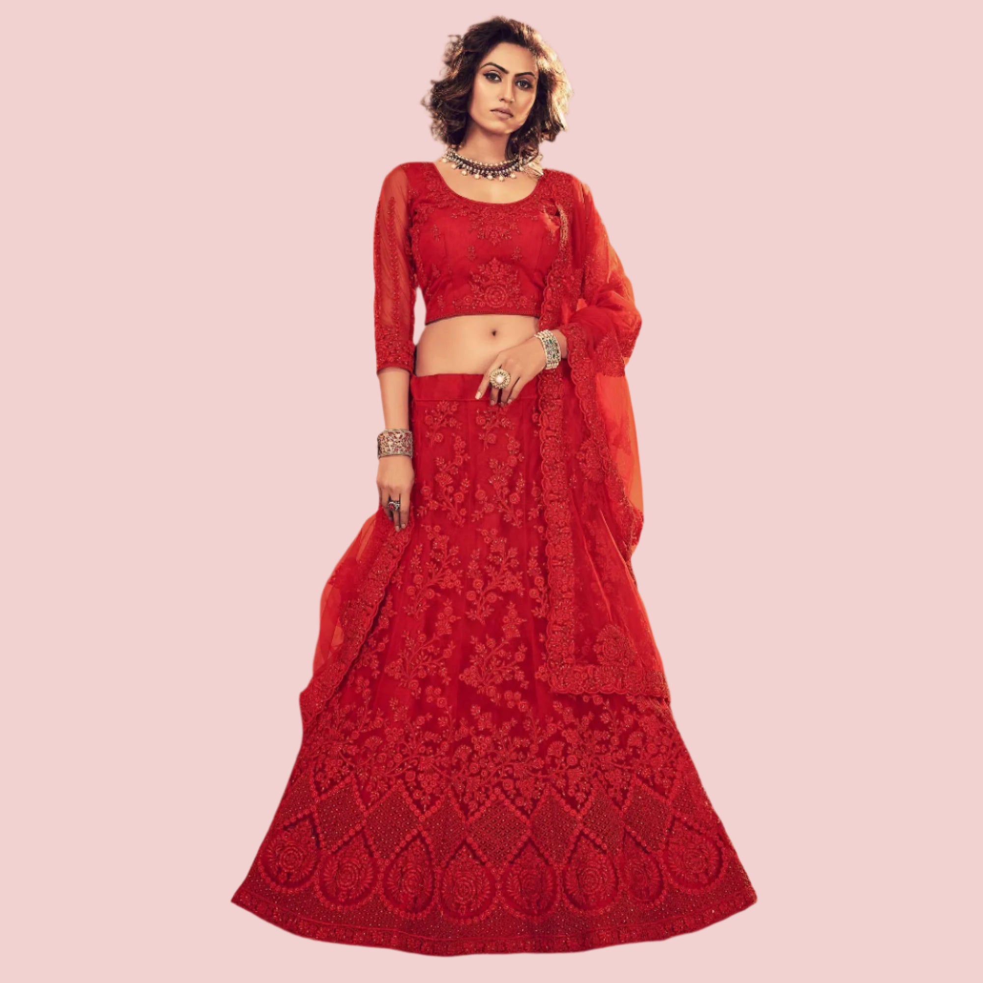 Mesmerising Red Colored Wedding Wear Embroidered Net Lehenga Choli - Peachmode