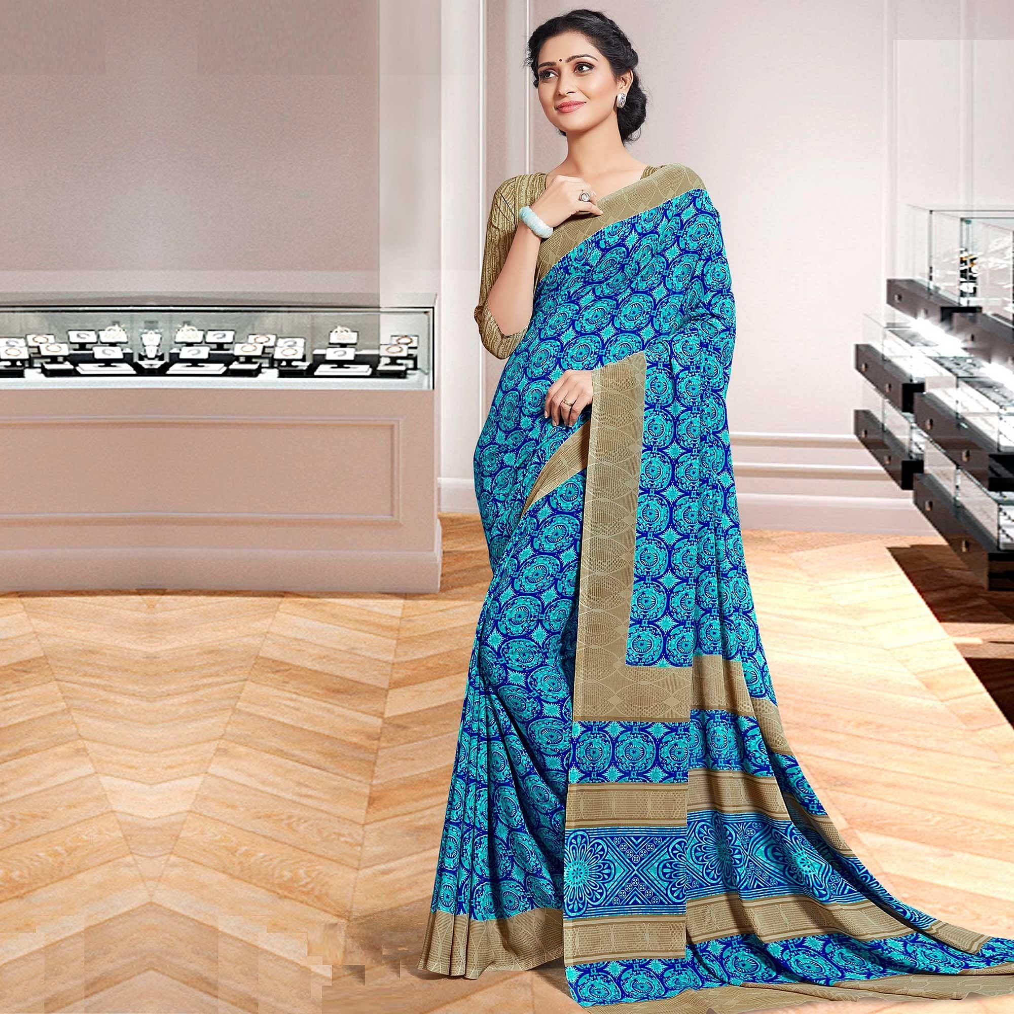 Mesmerising Sky Blue Colored Casual Printed Georgette Saree - Peachmode