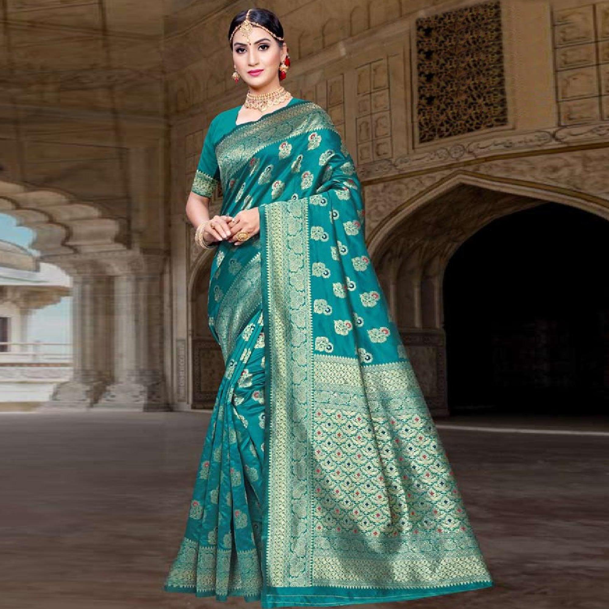 Mesmerising Turquoise Green Colored Festive Wear Woven Art Silk Saree - Peachmode