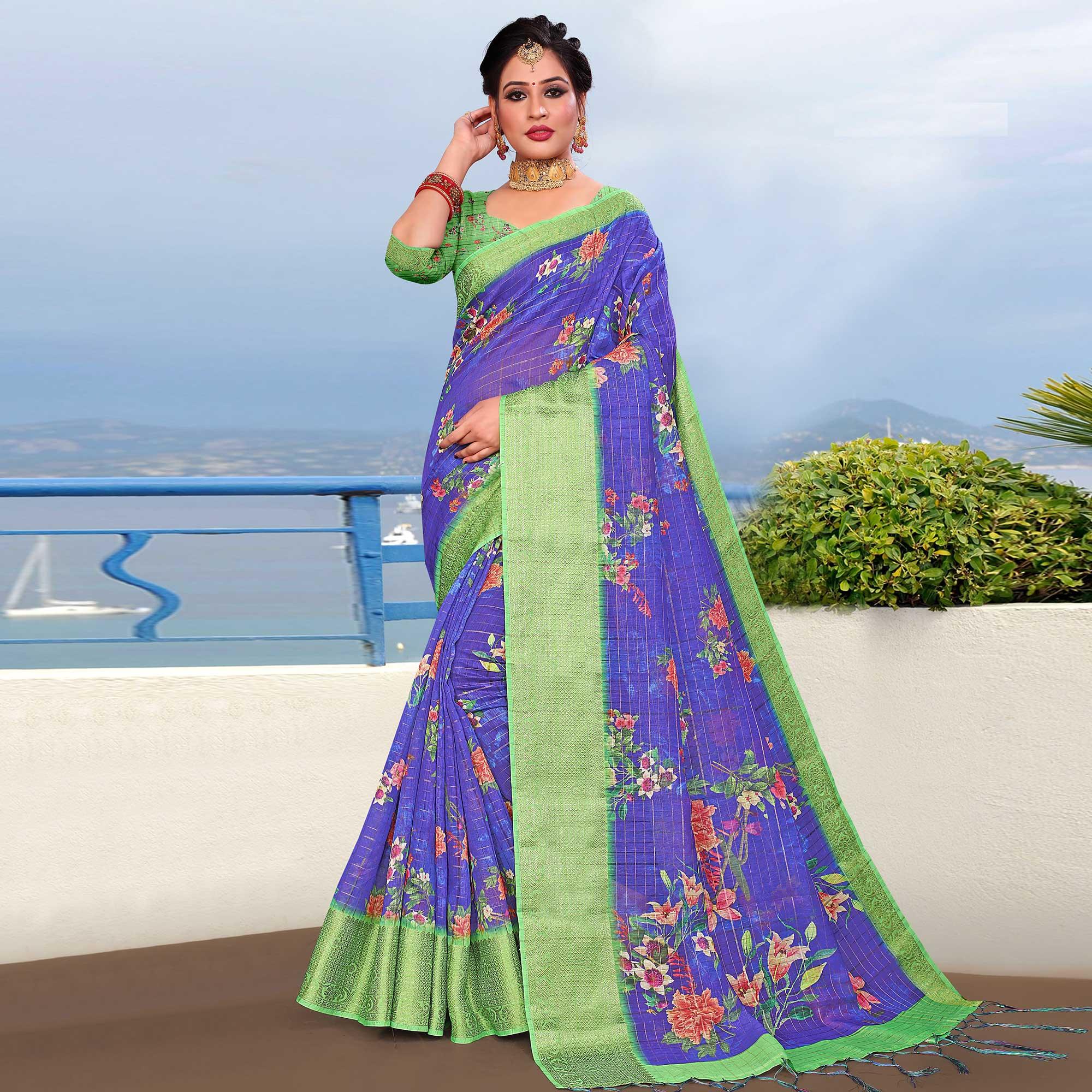 Mesmerising Violet Colored Festive Wear Digital Printed Linen Saree - Peachmode