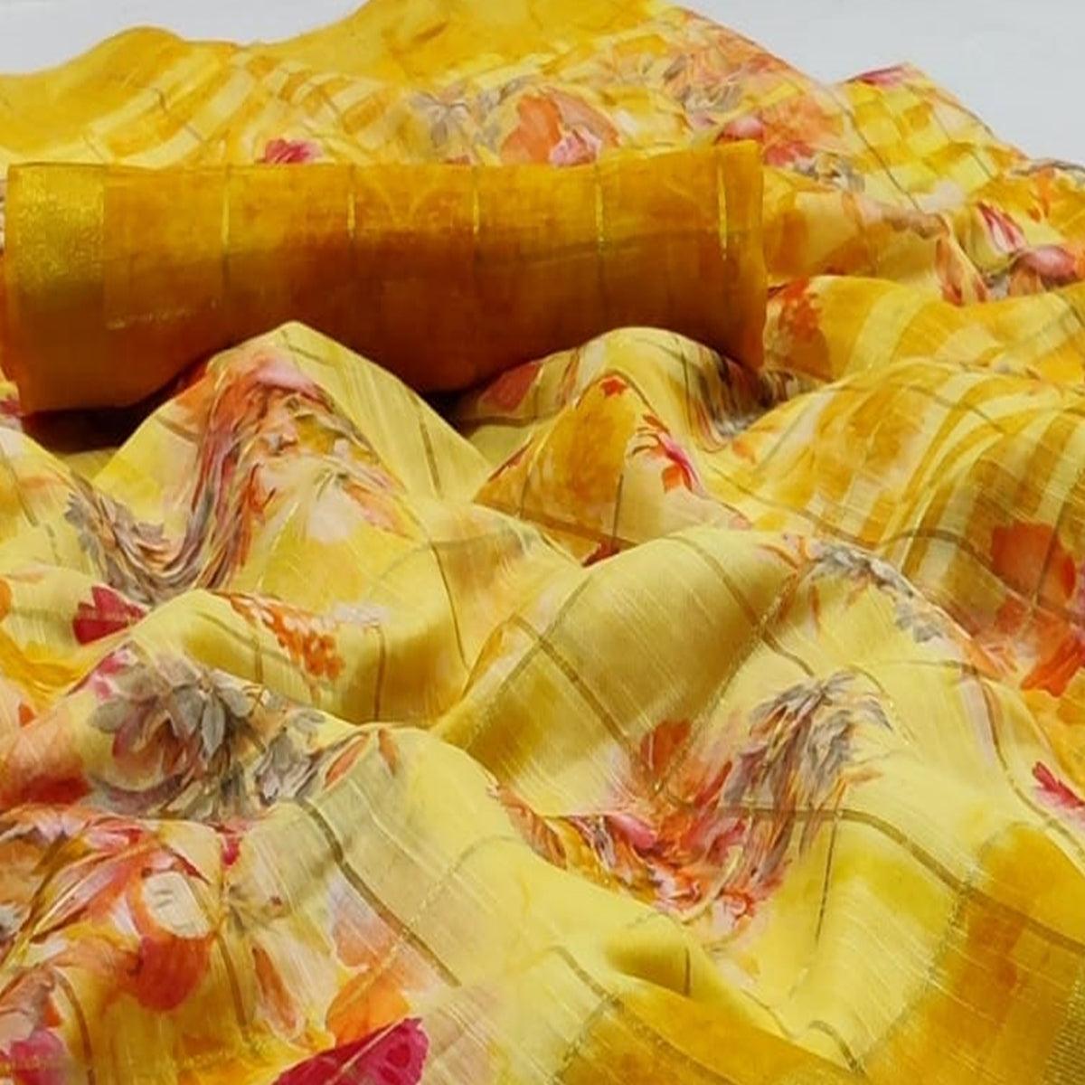 Mesmerising Yellow Colored Casual Wear Fancy Printed Cotton Saree - Peachmode