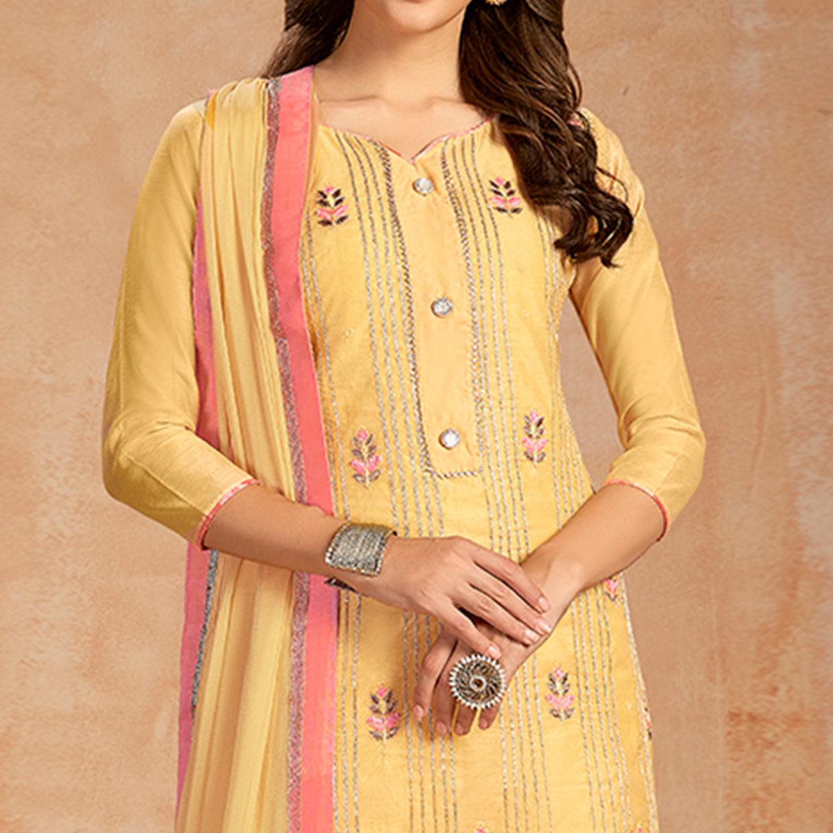 Mesmerising Yellow Colored Partywear Embroidered Pure Cotton Dress Material - Peachmode