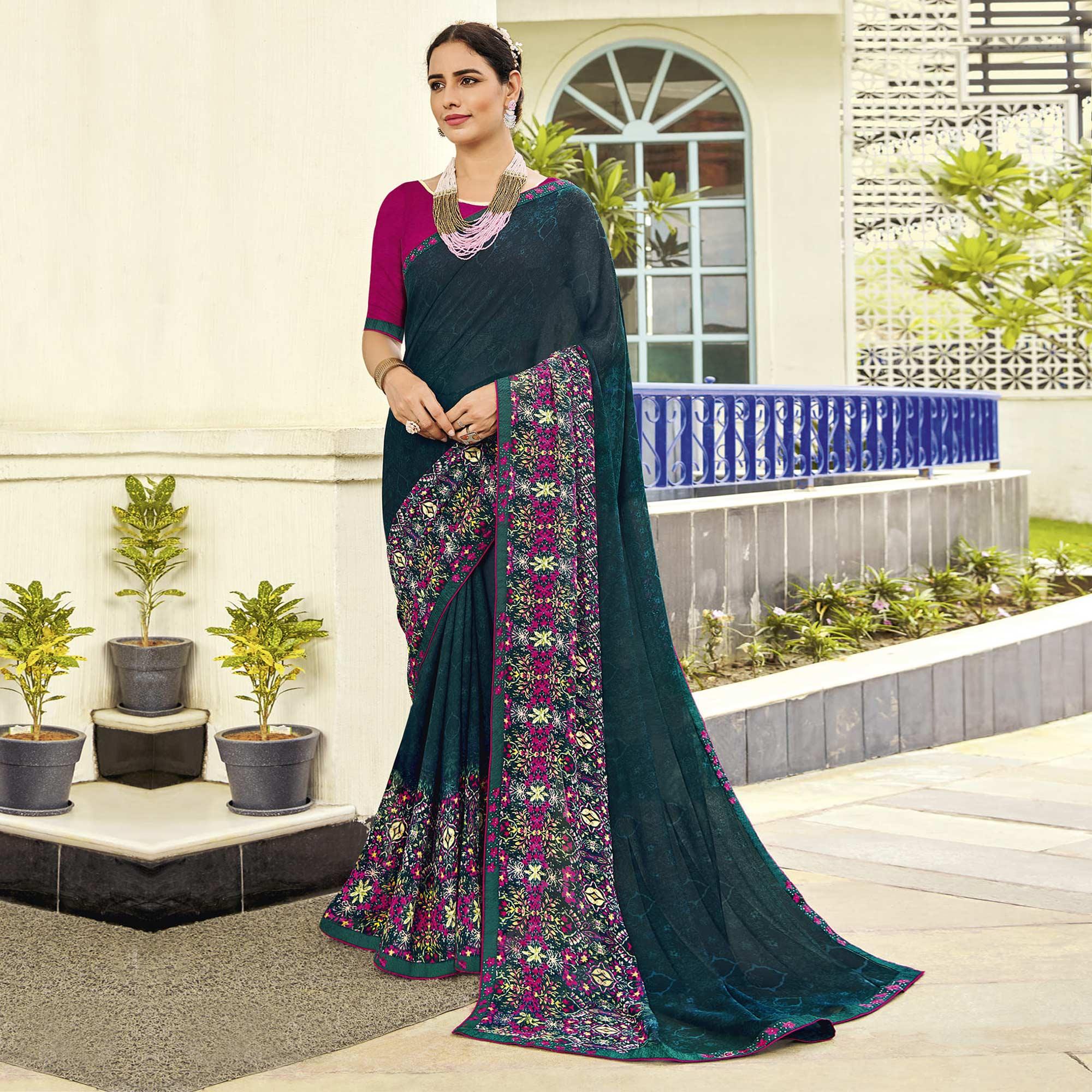 Mid Night Blue Partywear Floral Printed Georgette Saree - Peachmode
