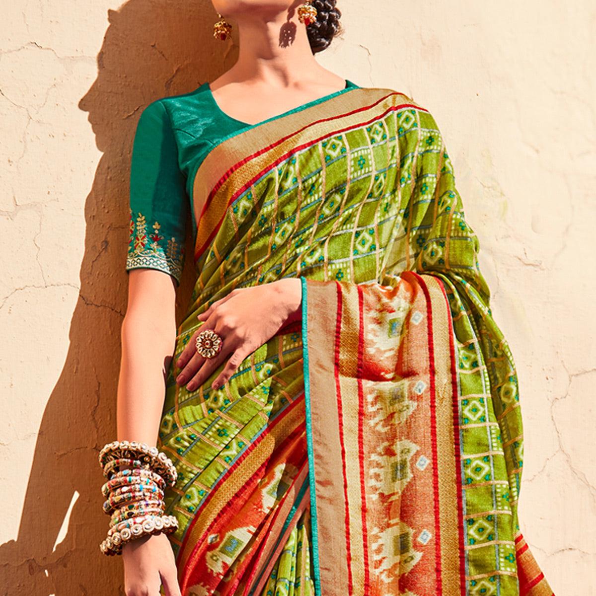 Mint Green & Red Festive Wear Printed Silk Saree - Peachmode