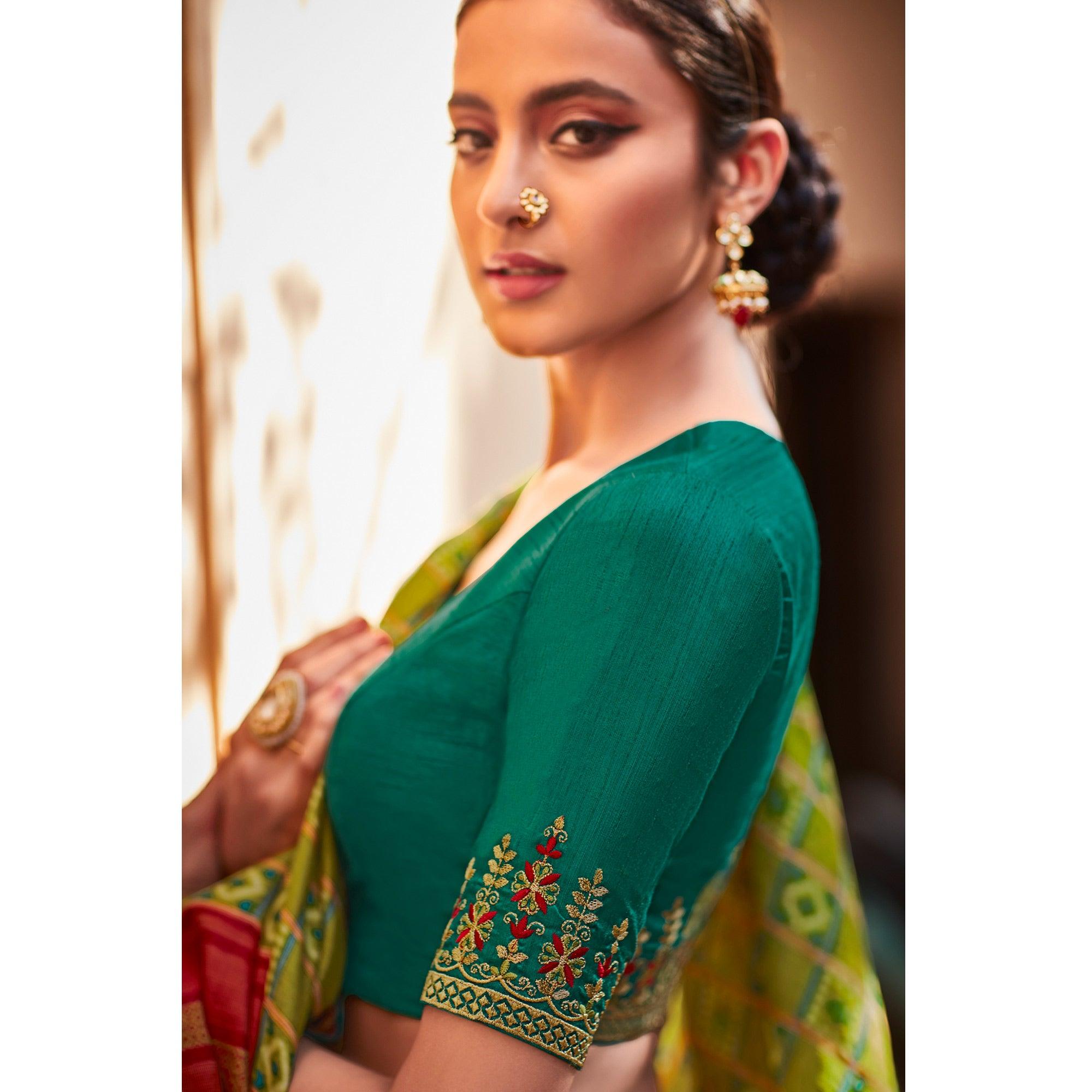 Mint Green & Red Festive Wear Printed Silk Saree - Peachmode