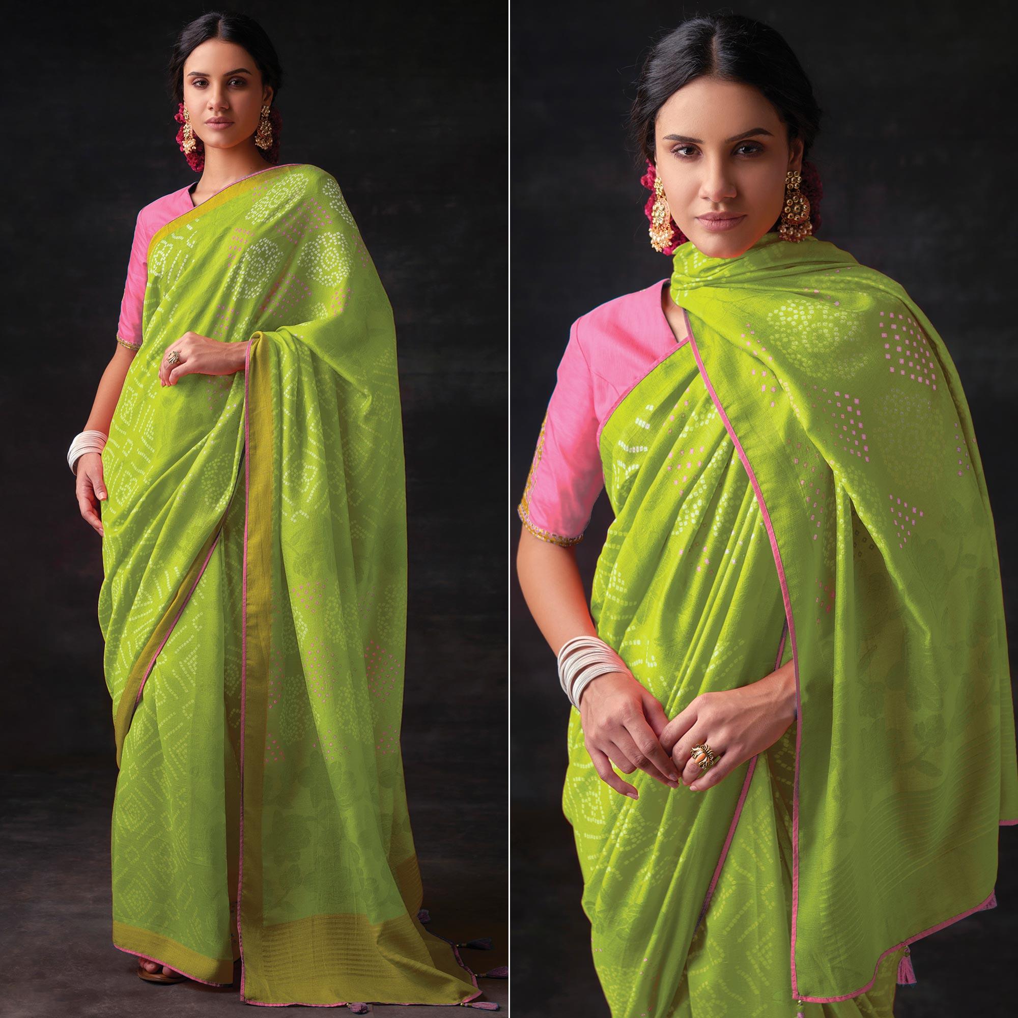 Mint Green Bandhani Printed Brasso Saree - Peachmode