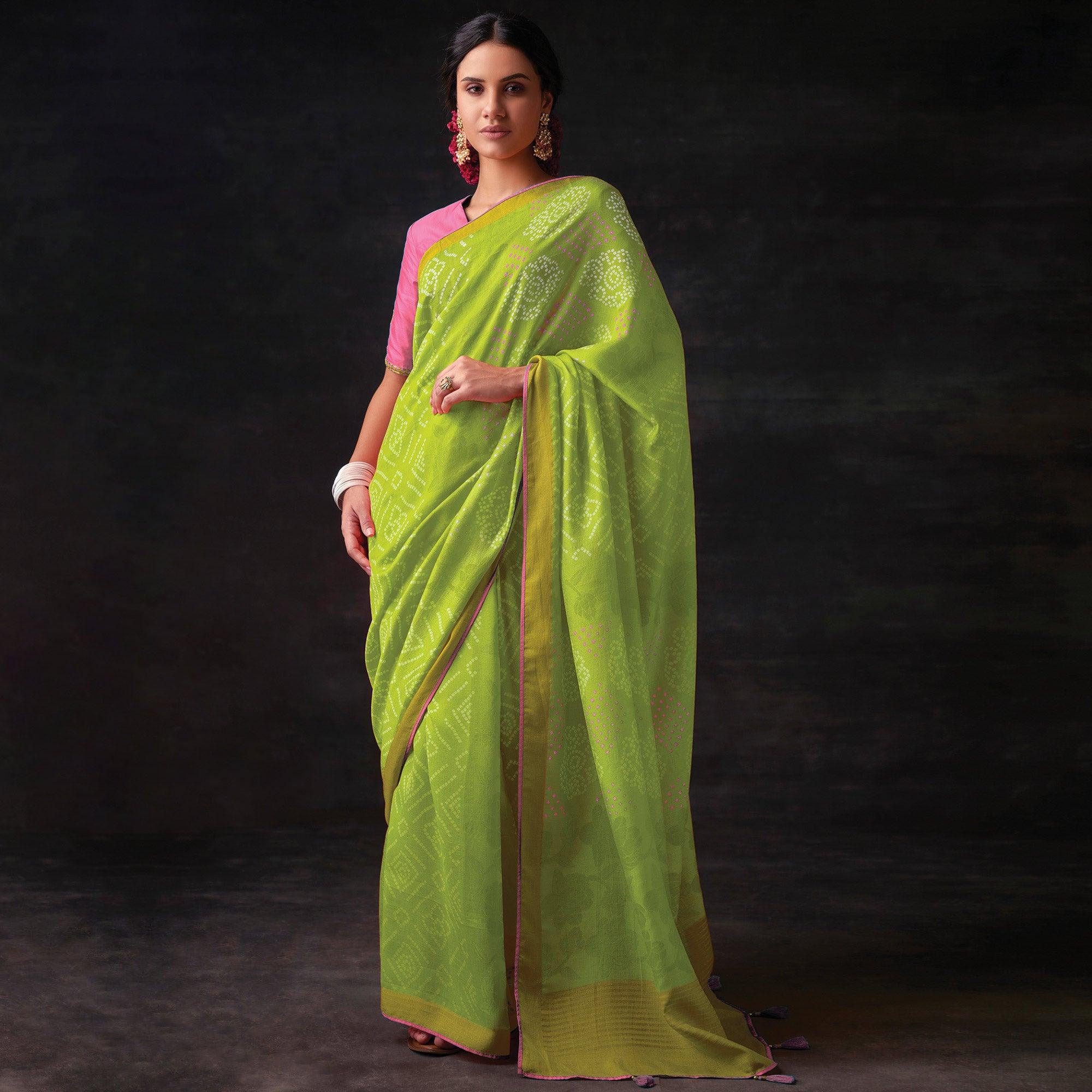 Mint Green Bandhani Printed Brasso Saree - Peachmode