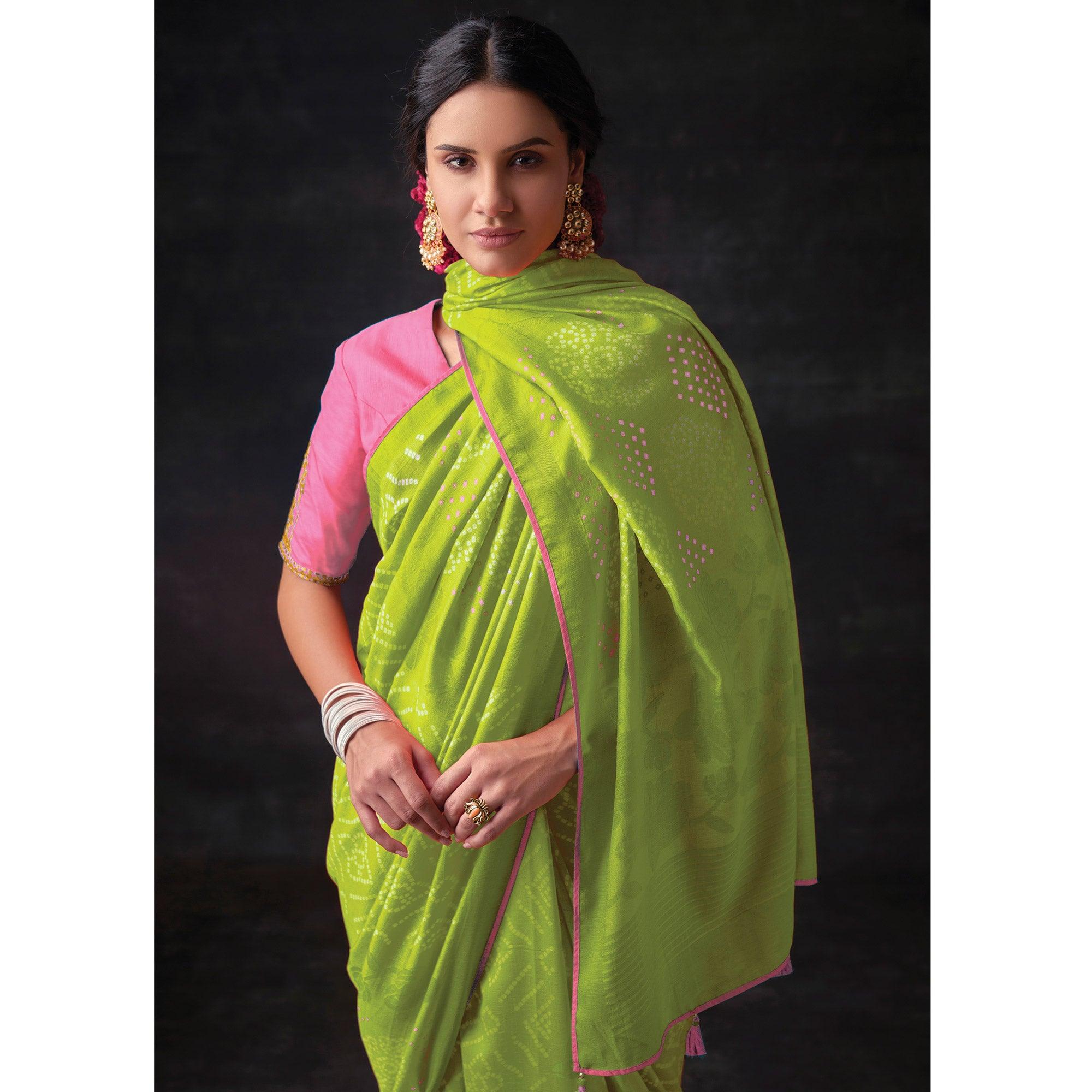 Mint Green Bandhani Printed Brasso Saree - Peachmode