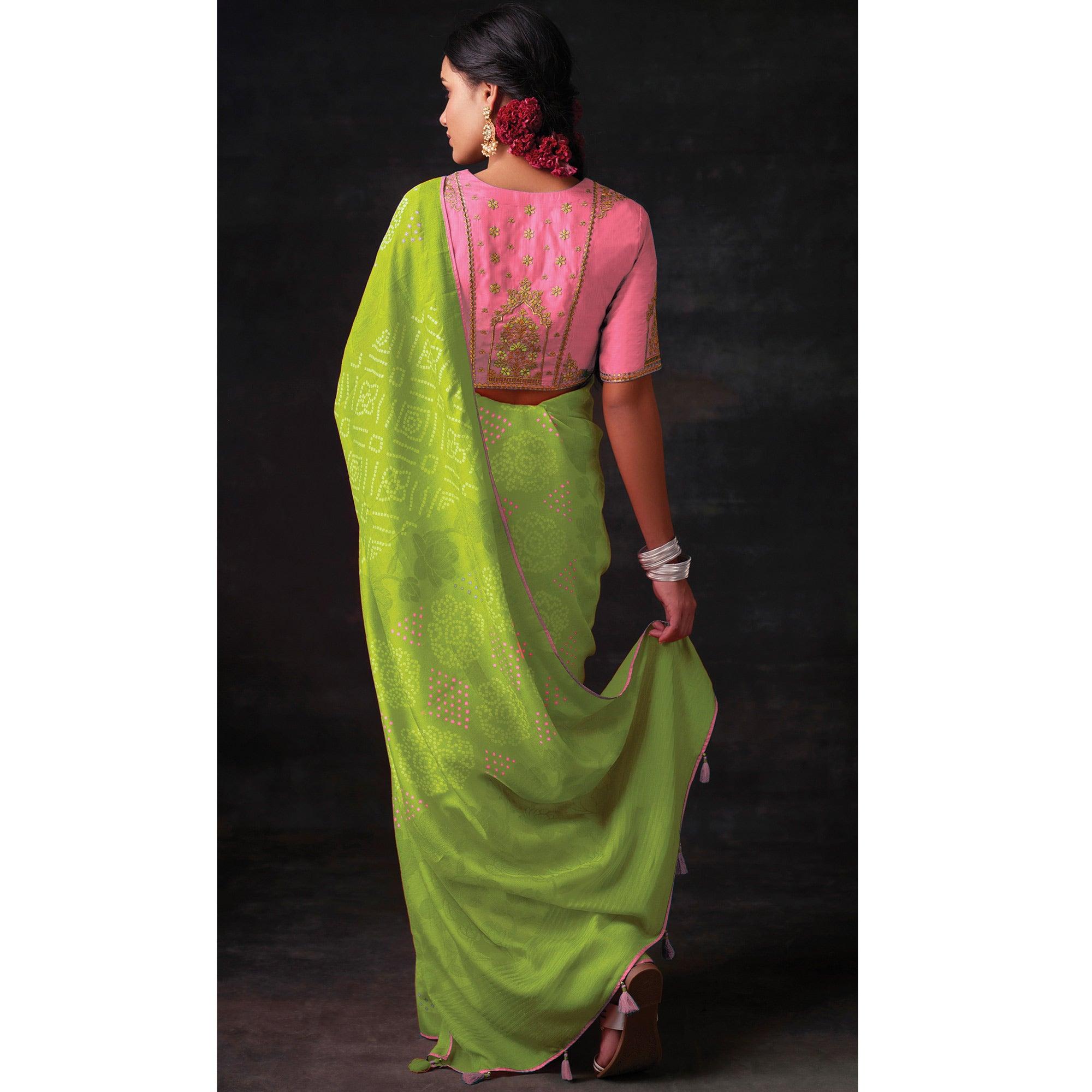 Mint Green Bandhani Printed Brasso Saree - Peachmode