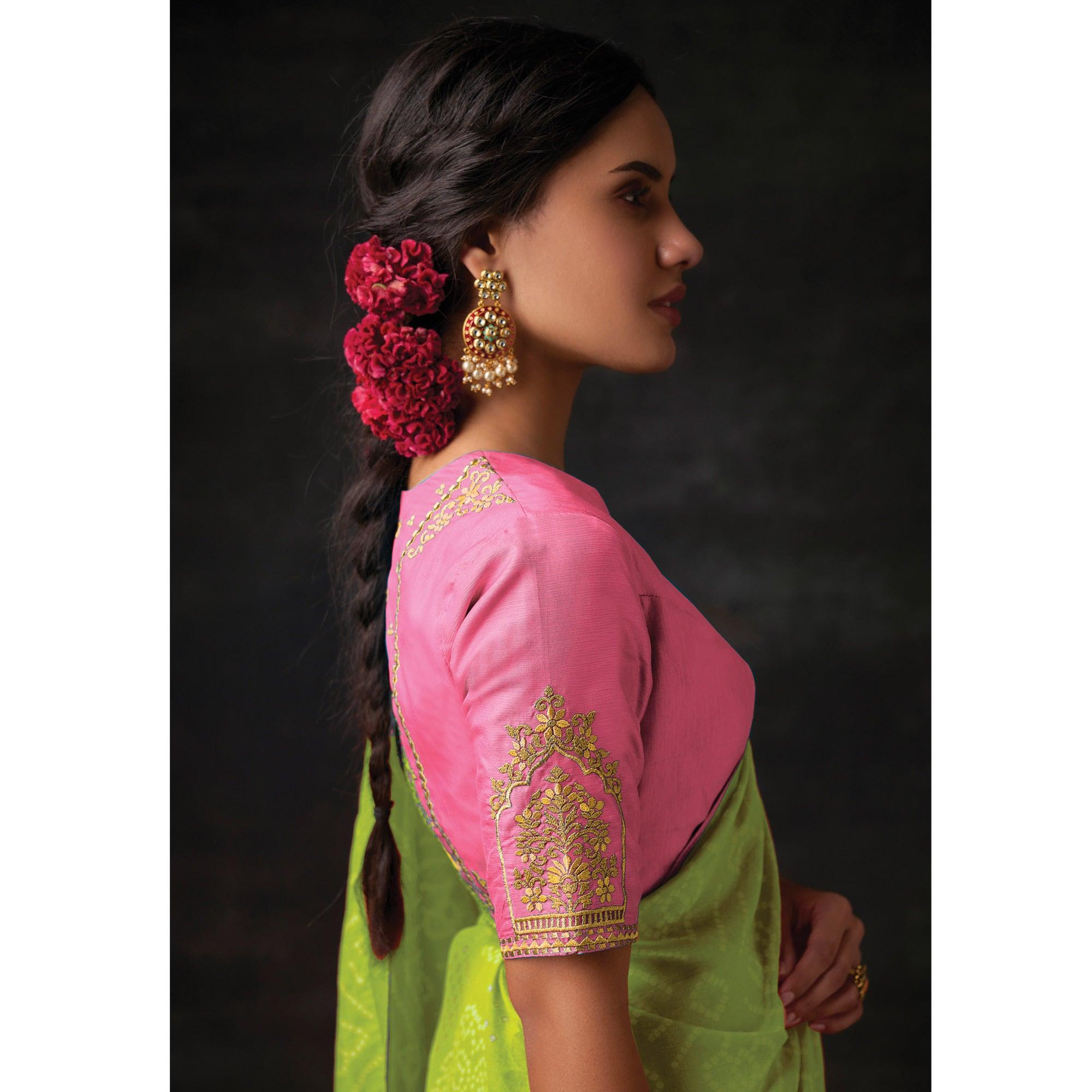Mint Green Bandhani Printed Brasso Saree - Peachmode