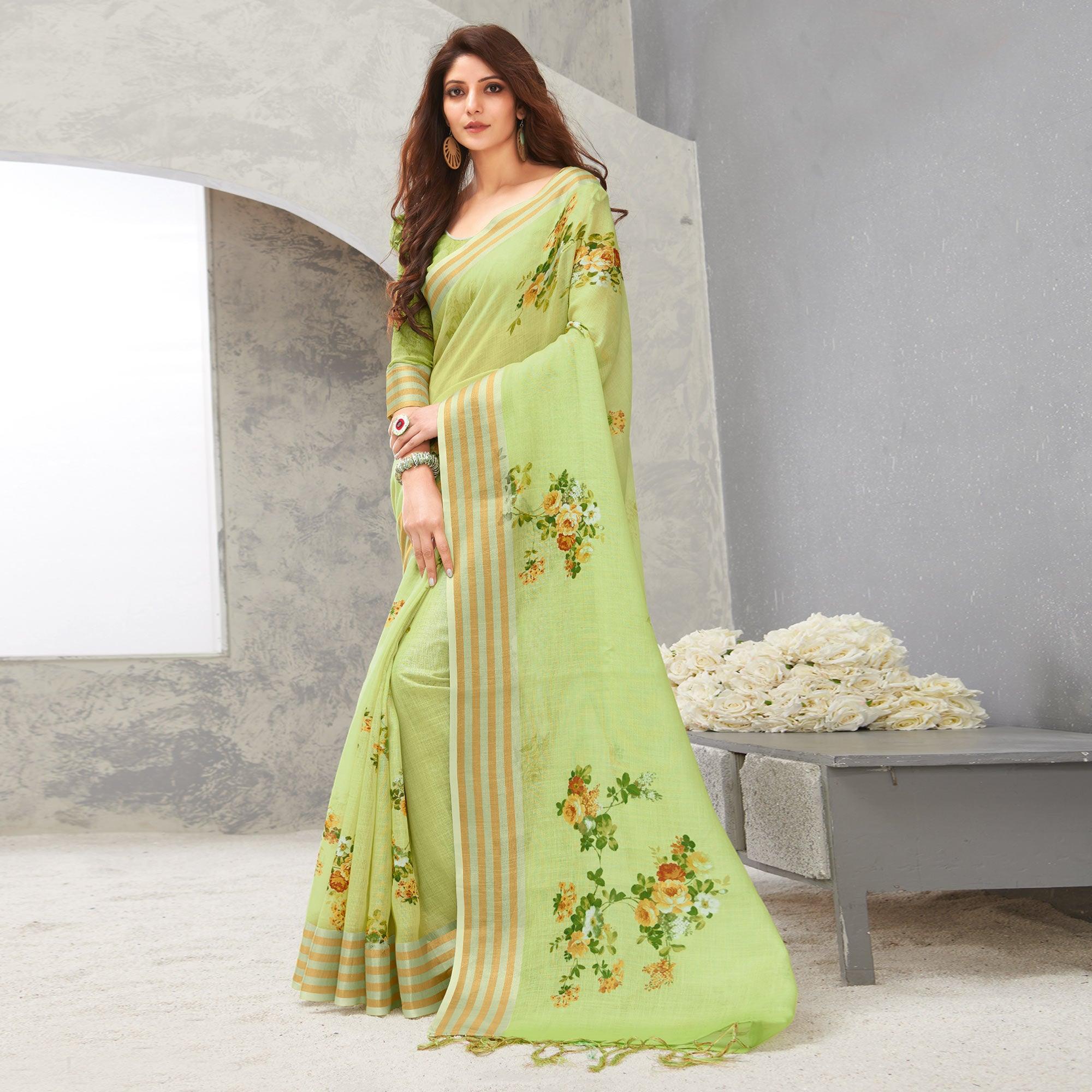 Mint Green Casual Wear Digital Printed Pure Linen Saree - Peachmode
