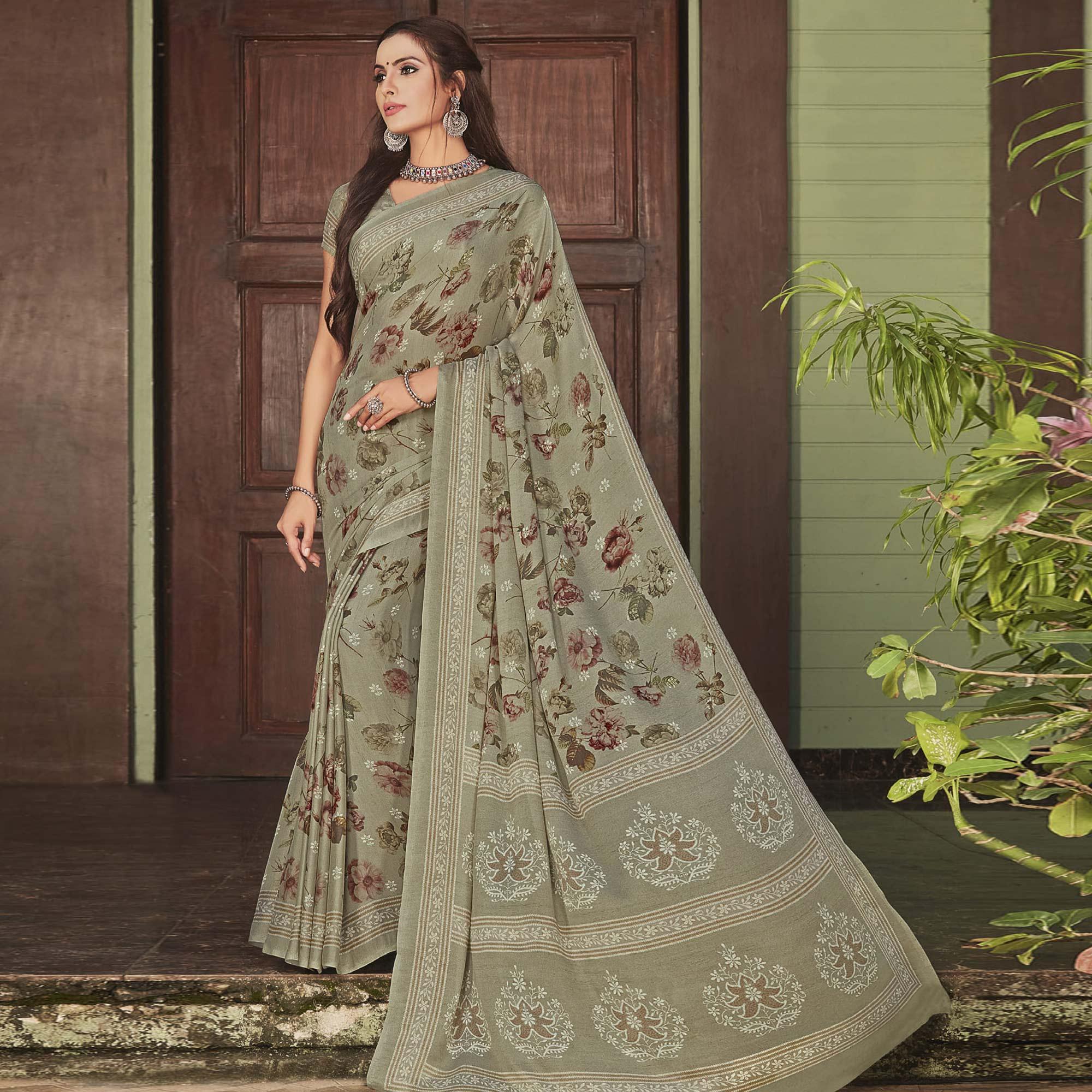 Mint Green Casual Wear Printed Crepe Saree - Peachmode