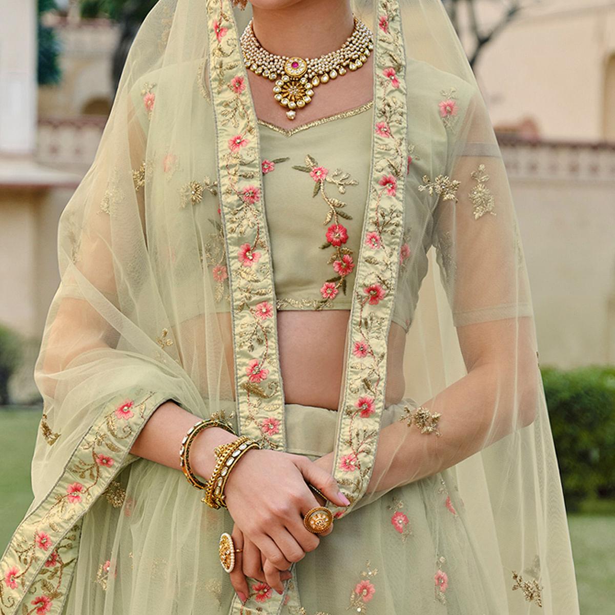 Mint Green Embellished & Embroidered Net Lehenga Choli - Peachmode