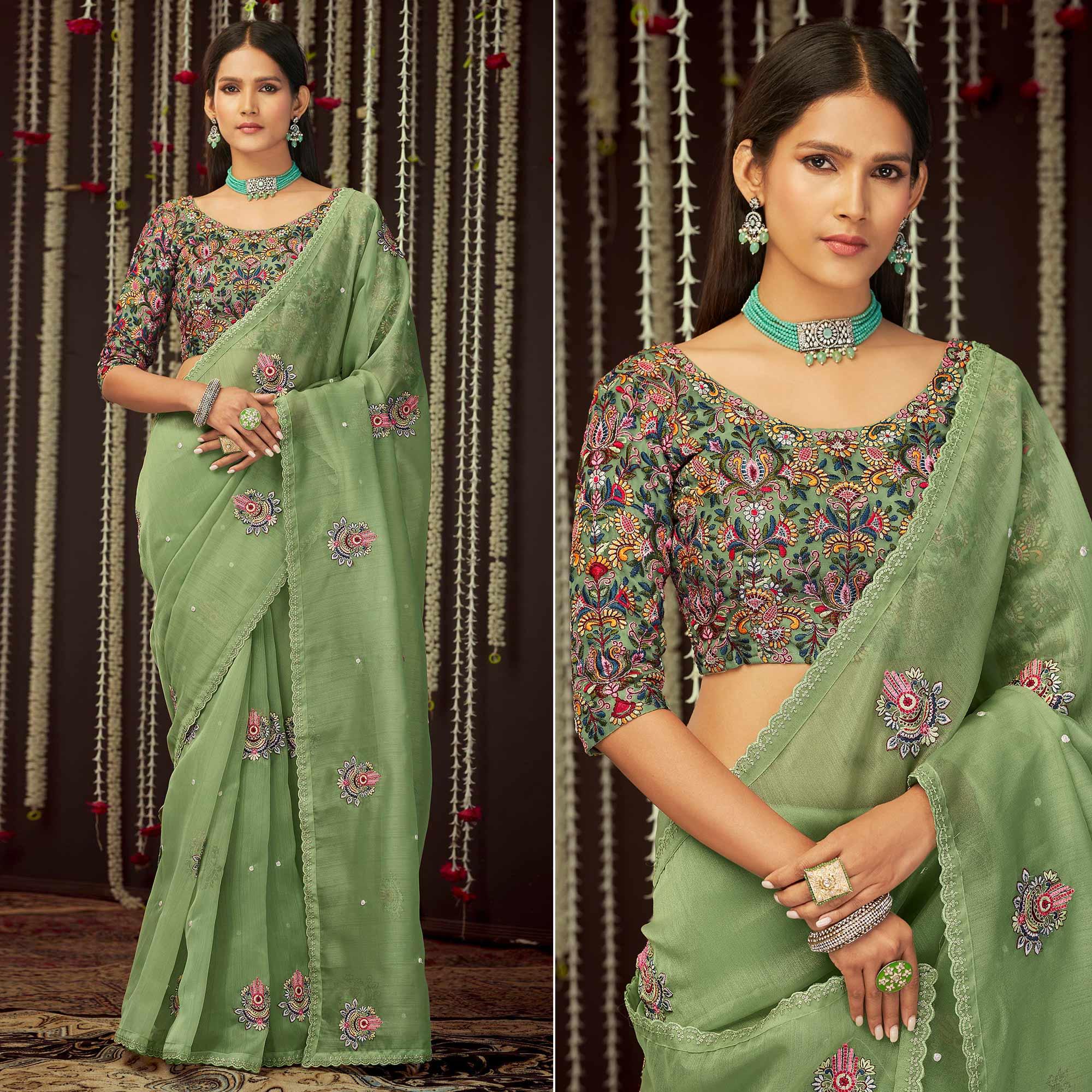 Mint Green Embroidered Organza Saree - Peachmode