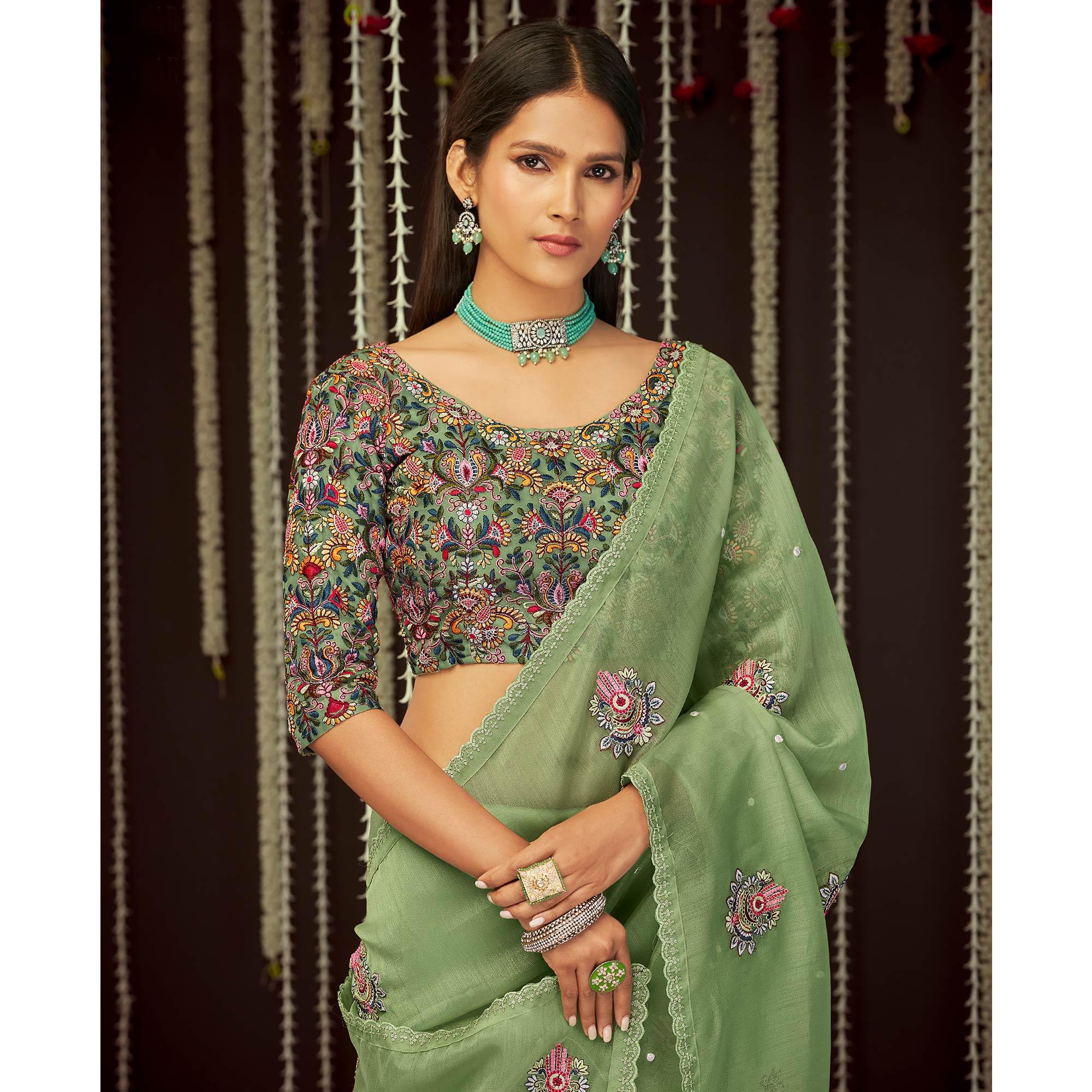Mint Green Embroidered Organza Saree - Peachmode