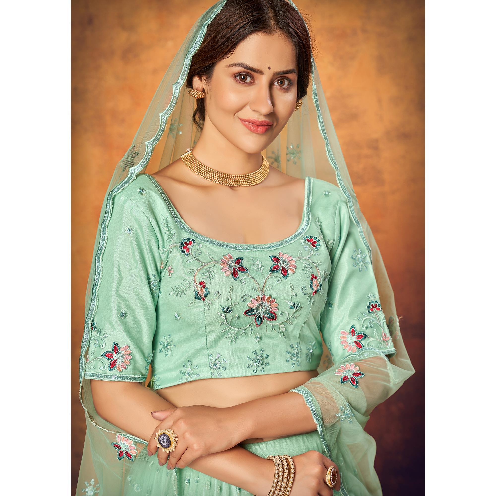 Mint Green Festive Wear Thread With Floral Sequence Embroidered Net Lehenga Choli - Peachmode