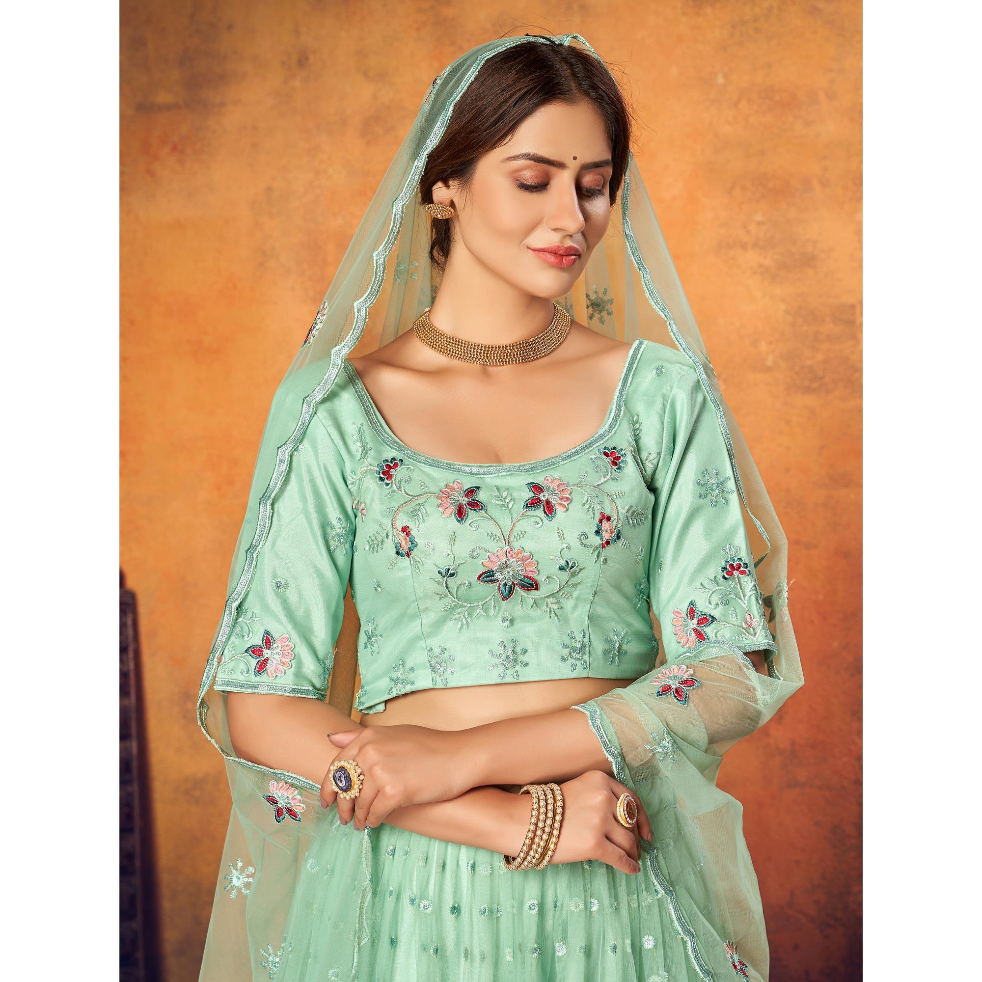 Mint Green Festive Wear Thread With Floral Sequence Embroidered Net Lehenga Choli - Peachmode