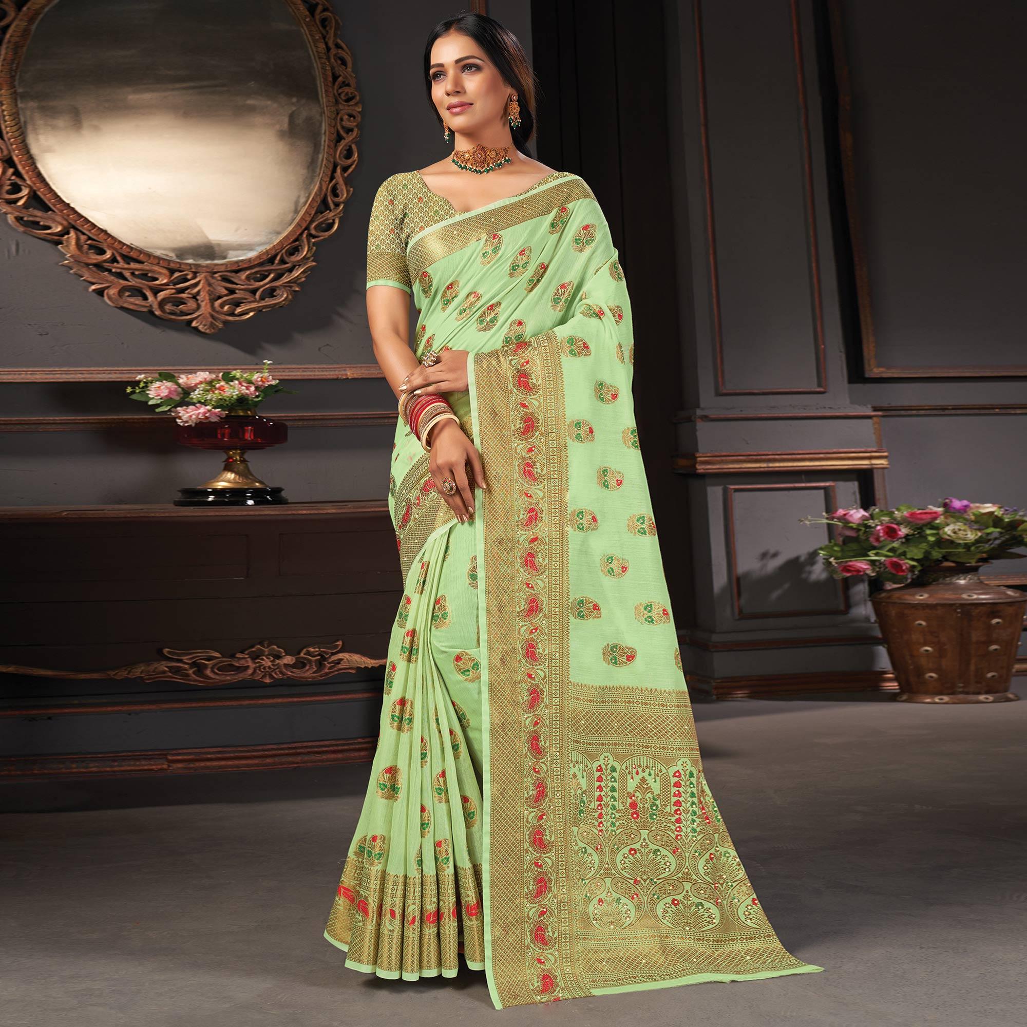 Mint Green Festive Wear Woven Cotton Saree - Peachmode