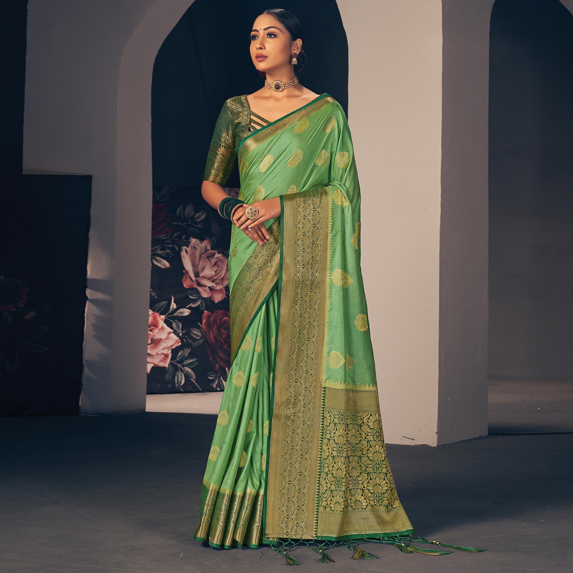Mint Green Festive Wear Woven Silk Saree - Peachmode