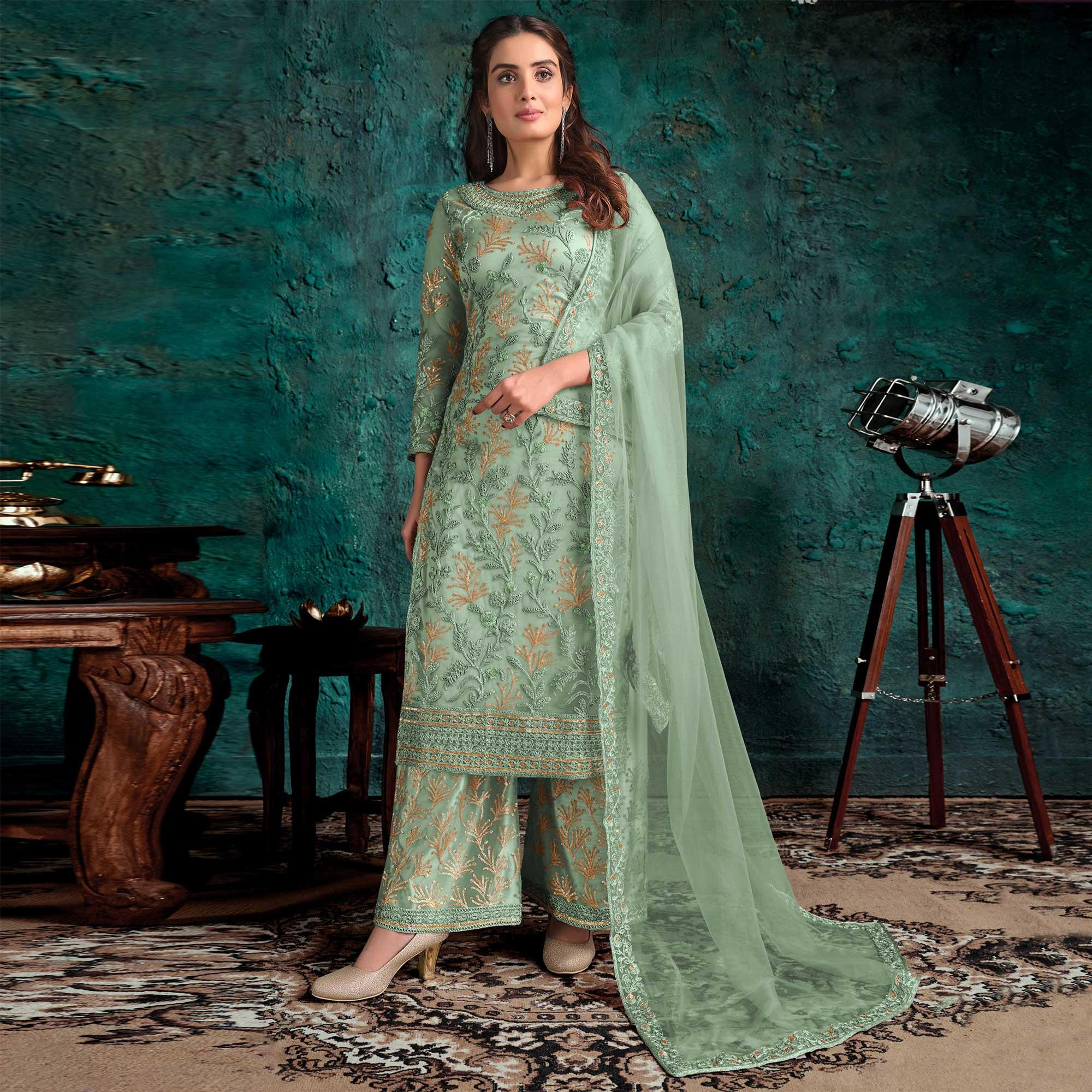 Mint Green Floral Embroidered Net Palazzo Suit - Peachmode