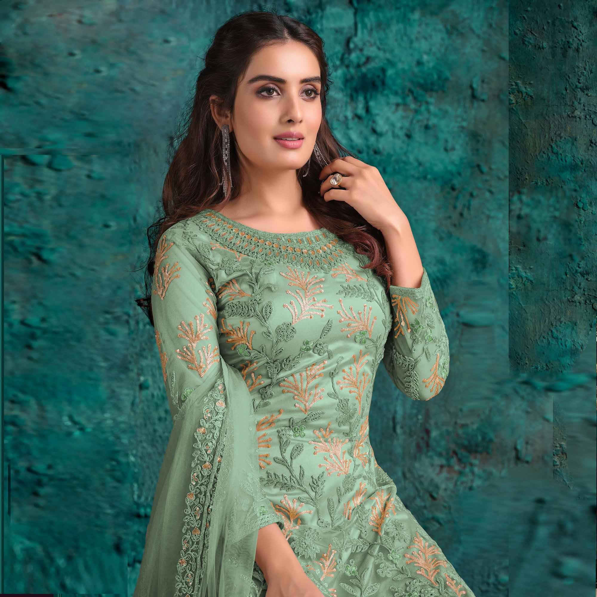 Mint Green Floral Embroidered Net Palazzo Suit - Peachmode