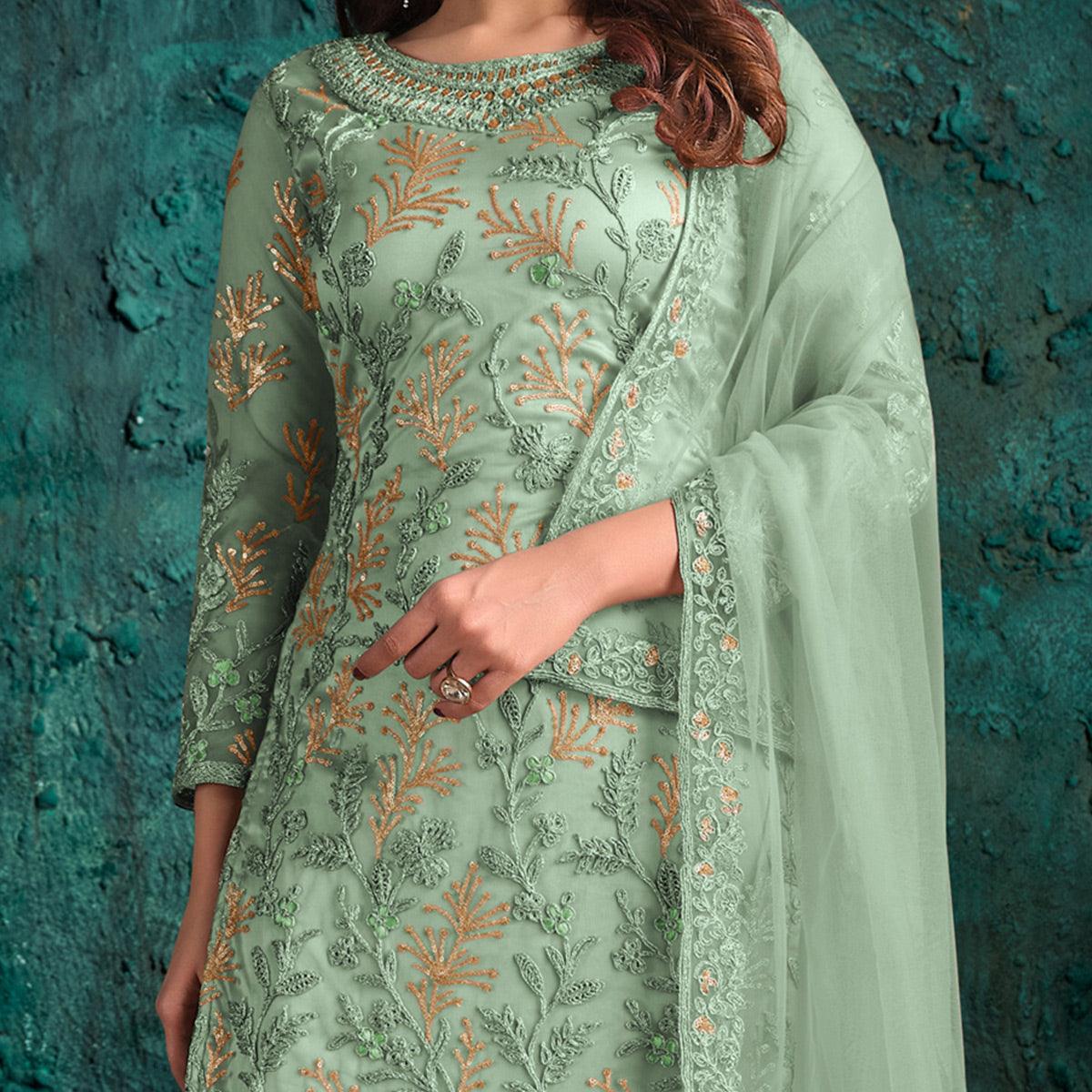 Mint Green Floral Embroidered Net Palazzo Suit - Peachmode