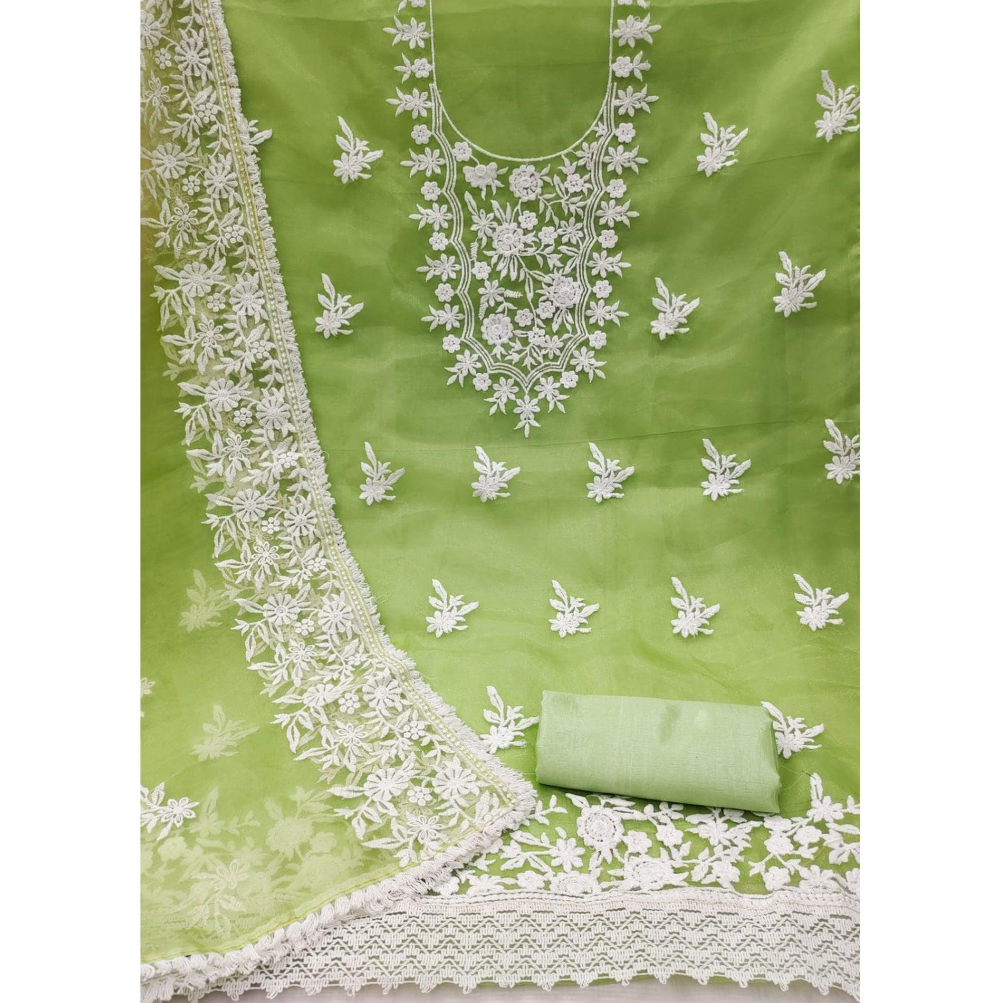 Mint Green Floral Embroidered Organza Dress Material - Peachmode