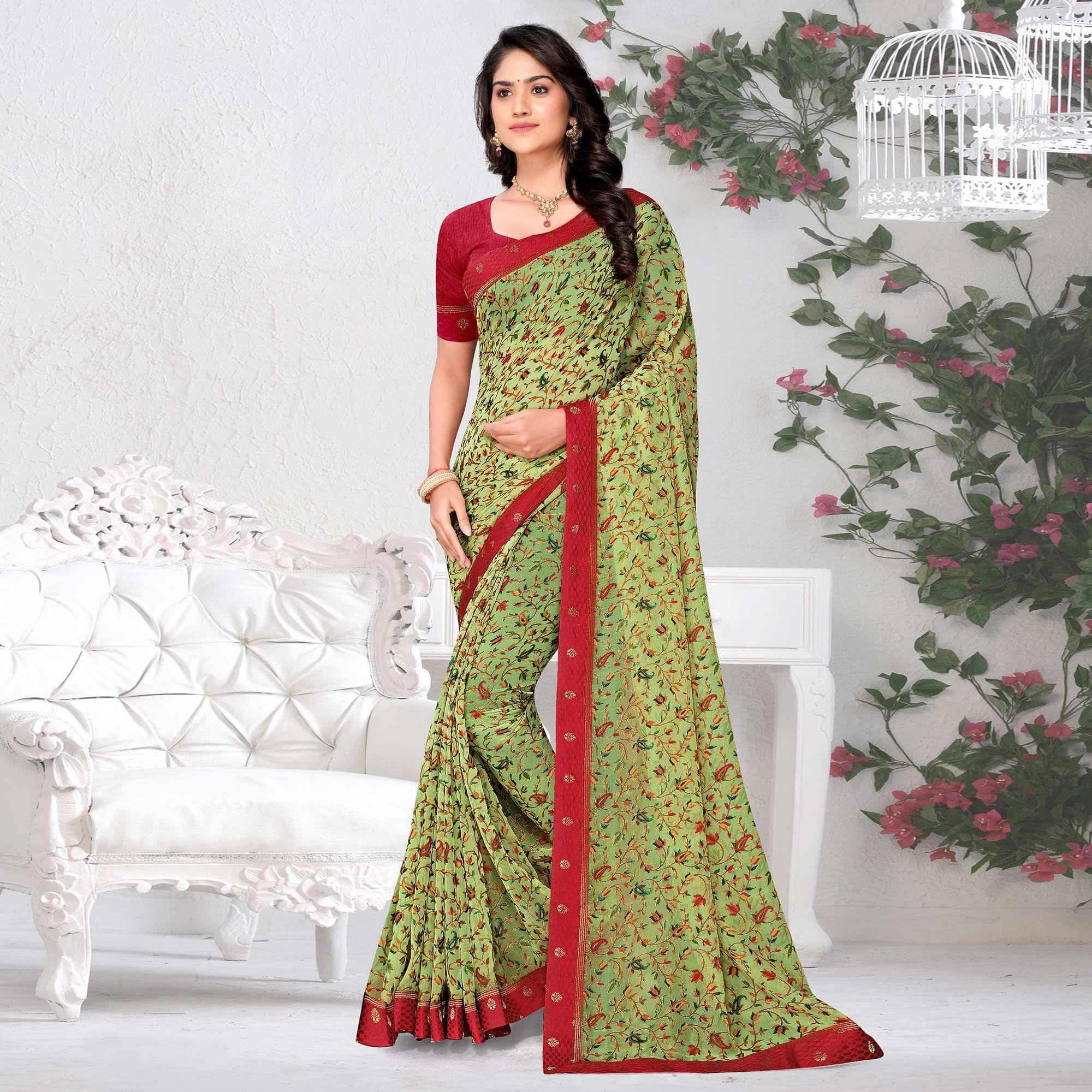 Mint Green Floral Printed Brasso Saree - Peachmode
