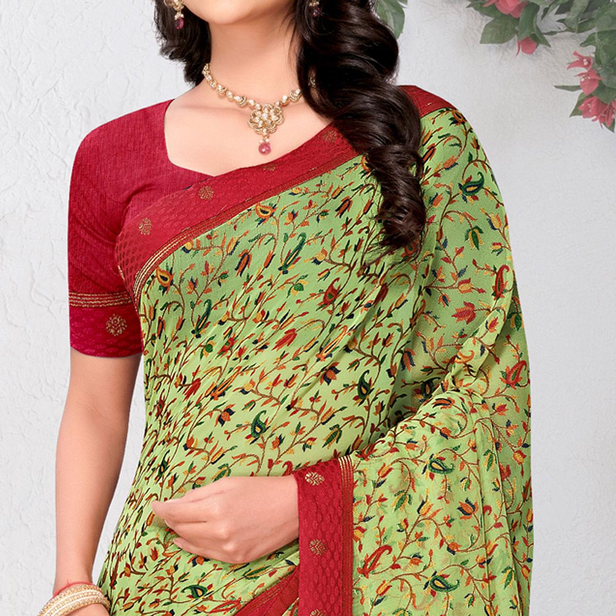 Mint Green Floral Printed Brasso Saree - Peachmode