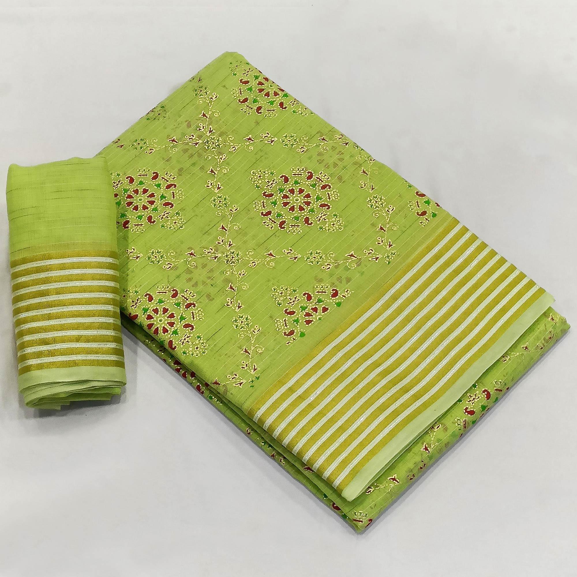 Mint-Green Floral Printed Pure Cotton Saree - Peachmode