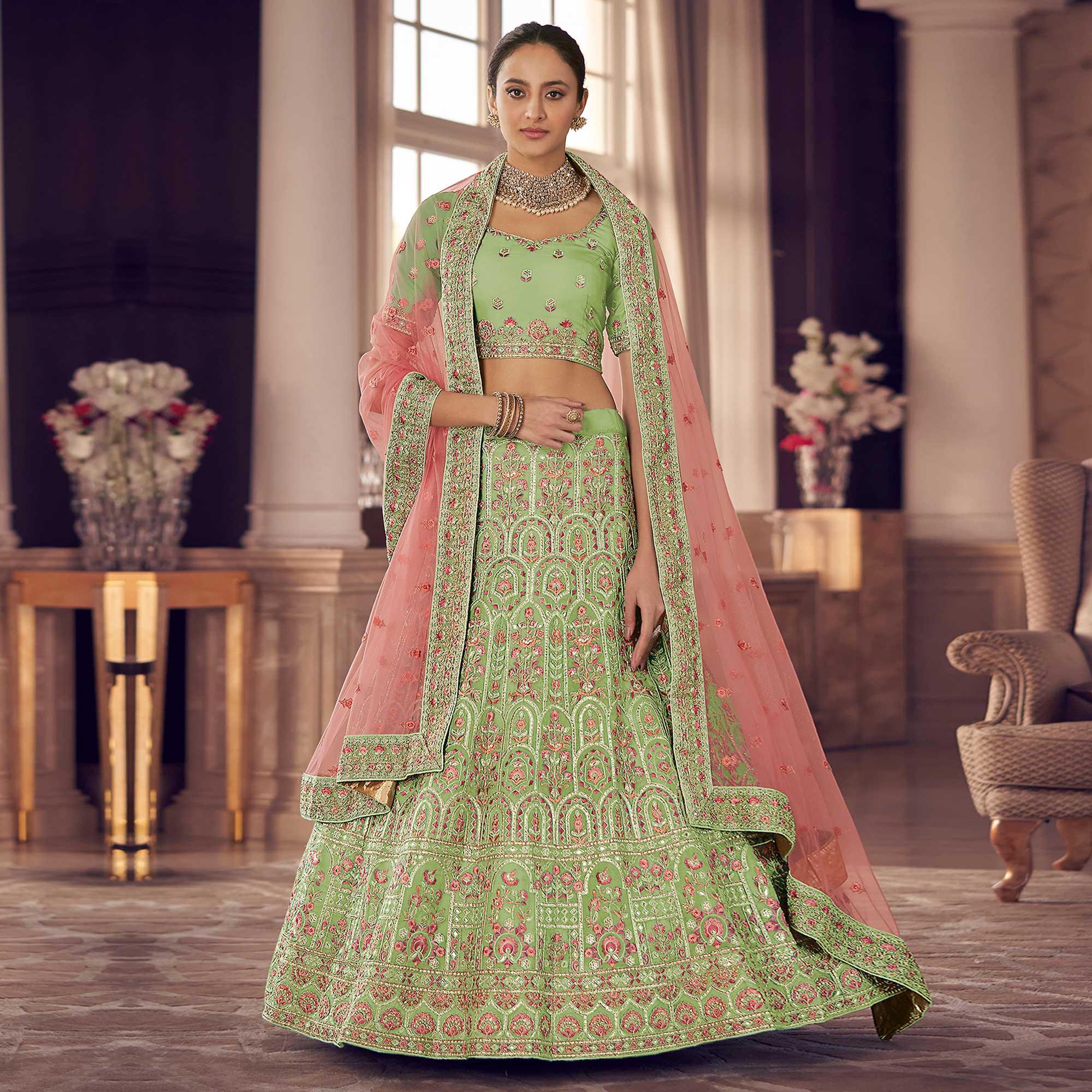 Mint Green Party Wear Embroidered Organza Lehenga Choli - Peachmode