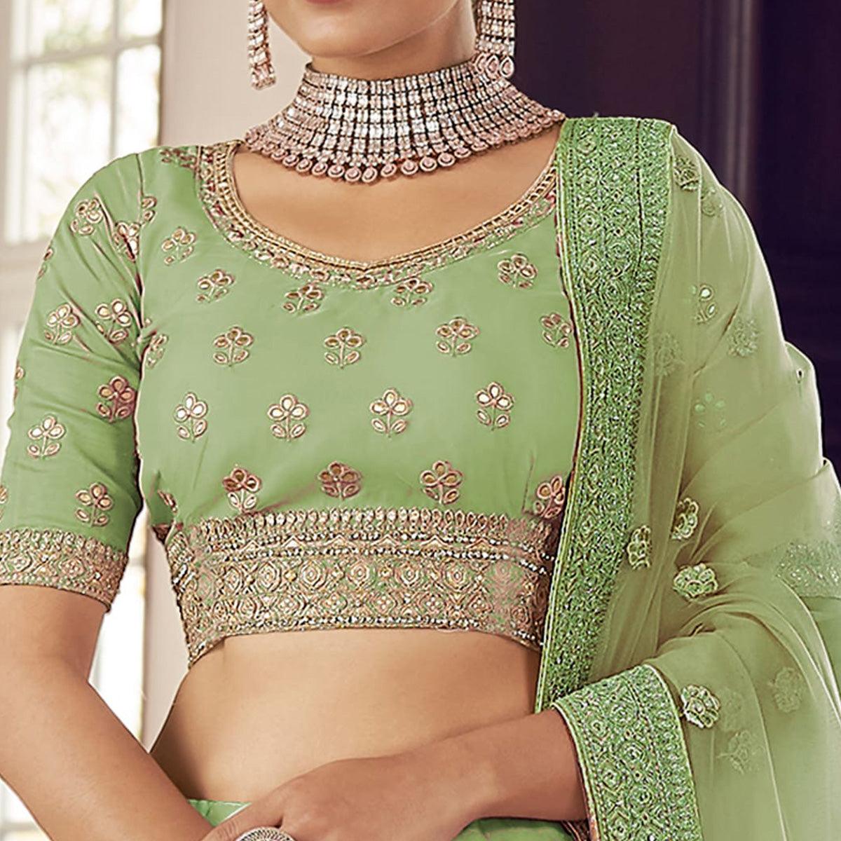 Mint Green Party Wear Embroidered Organza Lehenga Choli - Peachmode