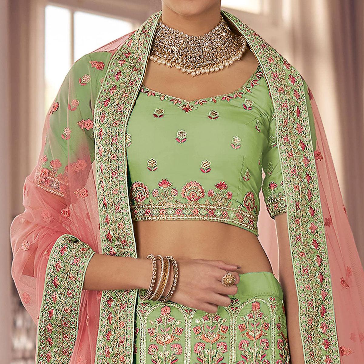 Mint Green Party Wear Embroidered Organza Lehenga Choli - Peachmode