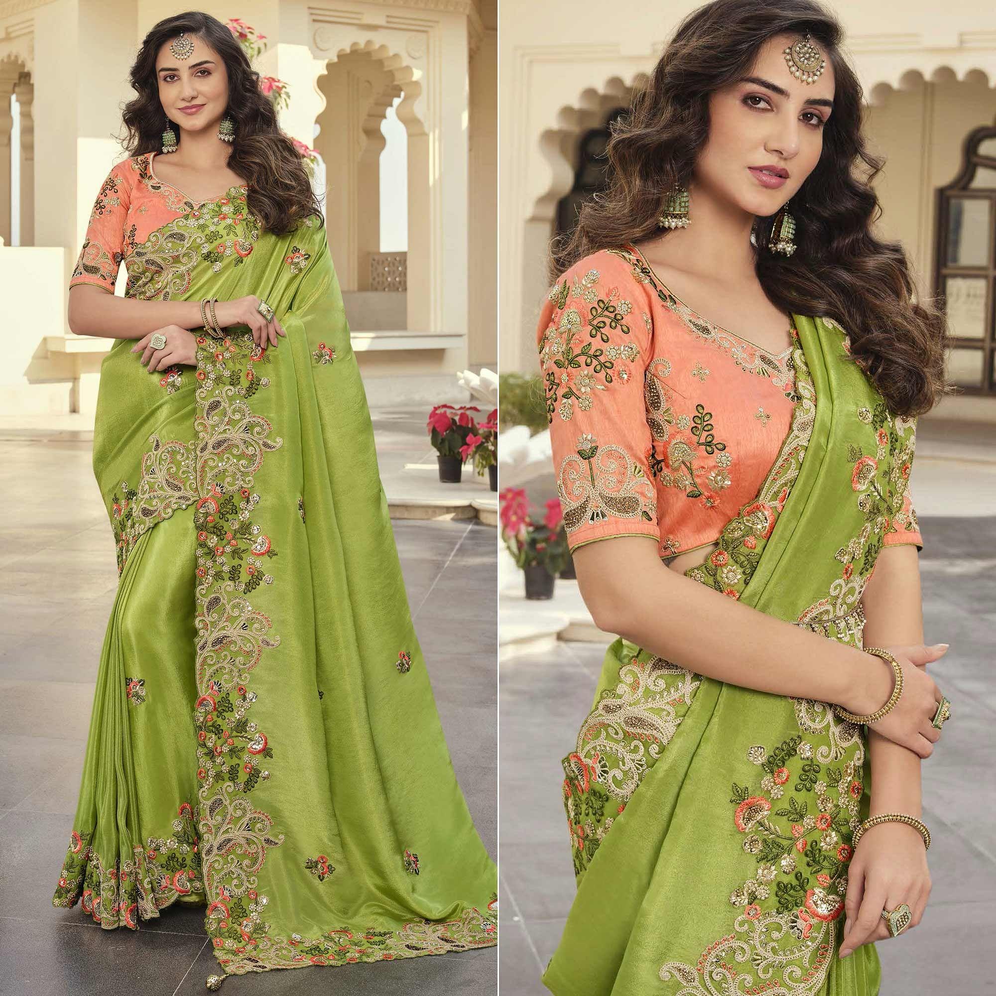 Mint Green Party Wear Embroidered Satin Saree - Peachmode