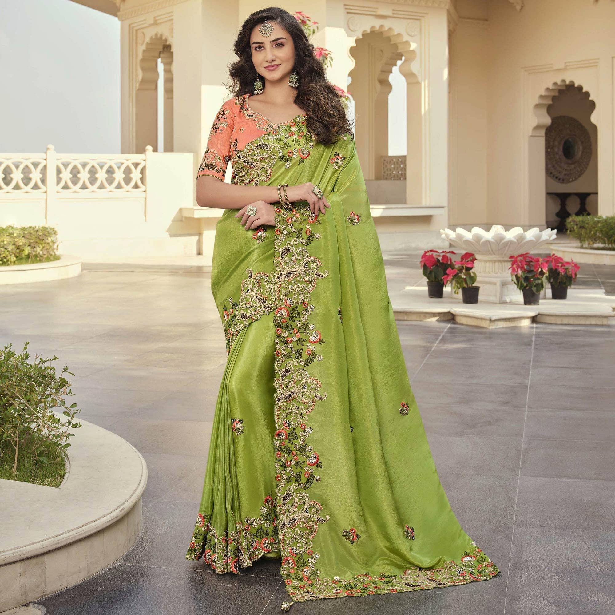 Mint Green Party Wear Embroidered Satin Saree - Peachmode