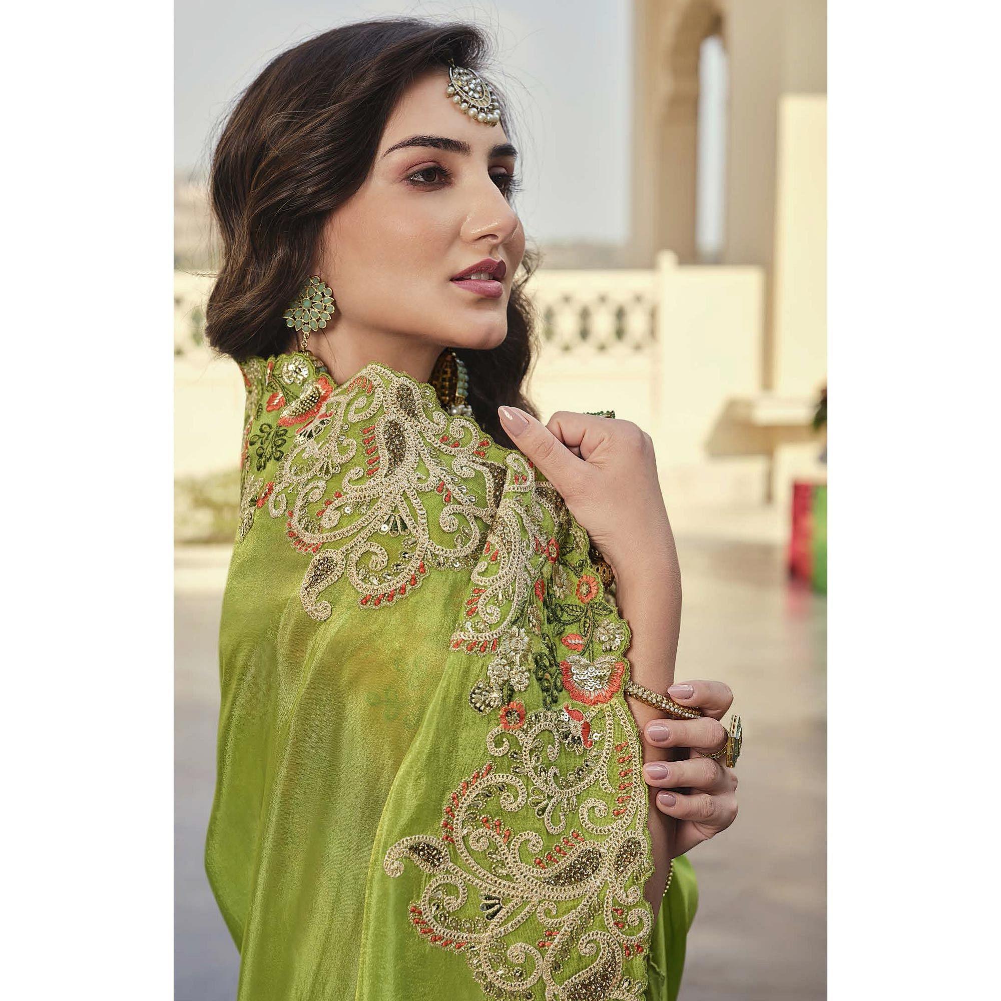 Mint Green Party Wear Embroidered Satin Saree - Peachmode