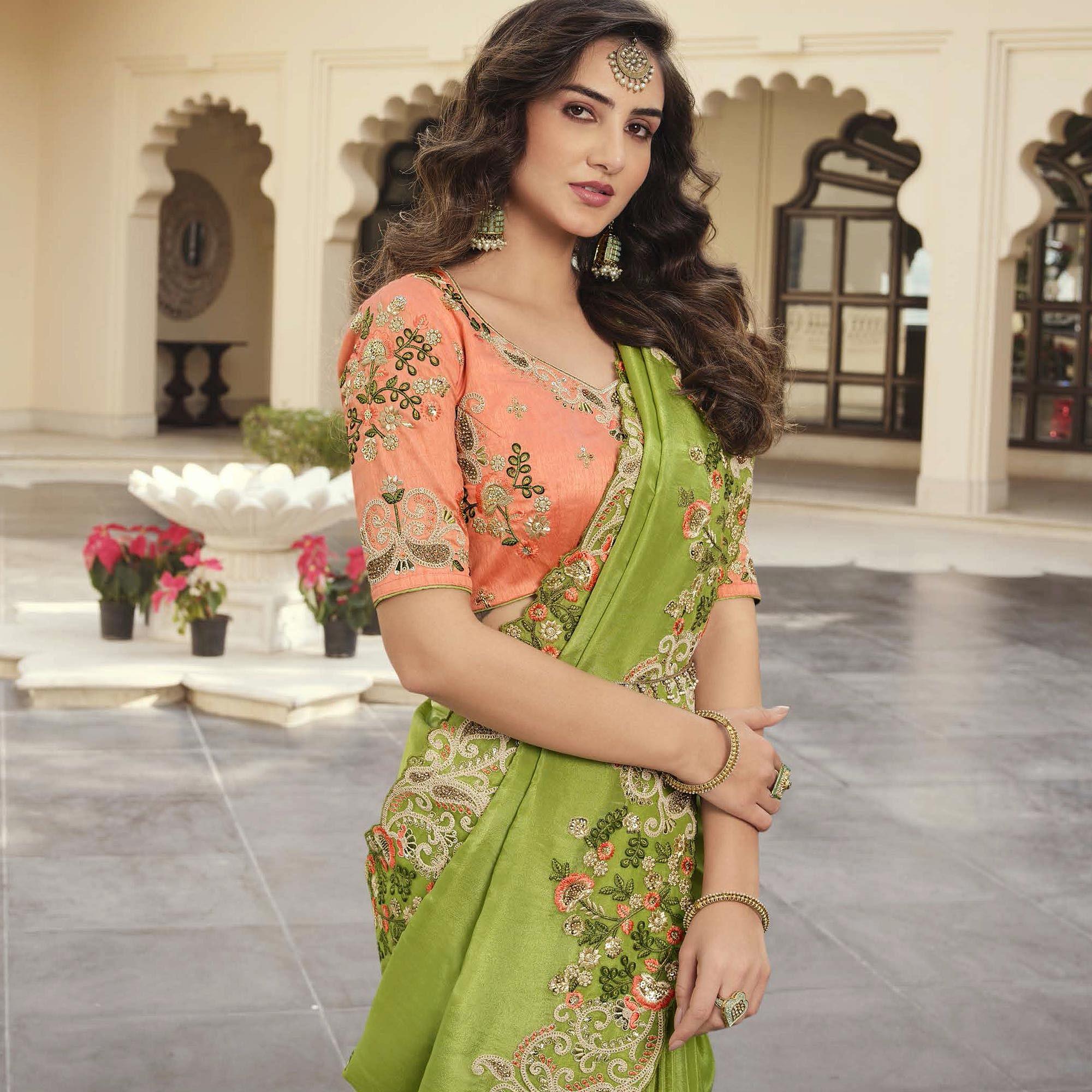 Mint Green Party Wear Embroidered Satin Saree - Peachmode